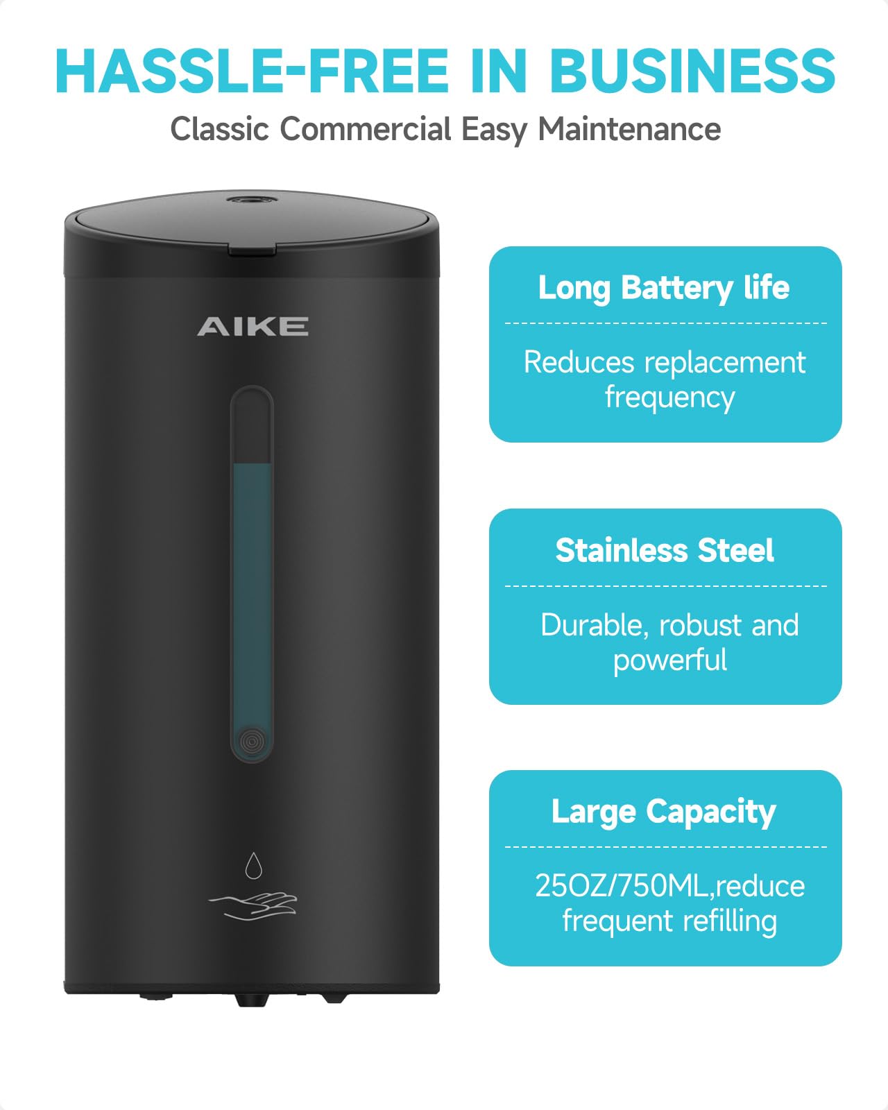 AIKE Automatic Wall Mount Liquid Soap Dispenser, Commercial Stainless Steel with 25oz Large Capacity Save Time Effort and Cost,Model AK1205(Matte Black)