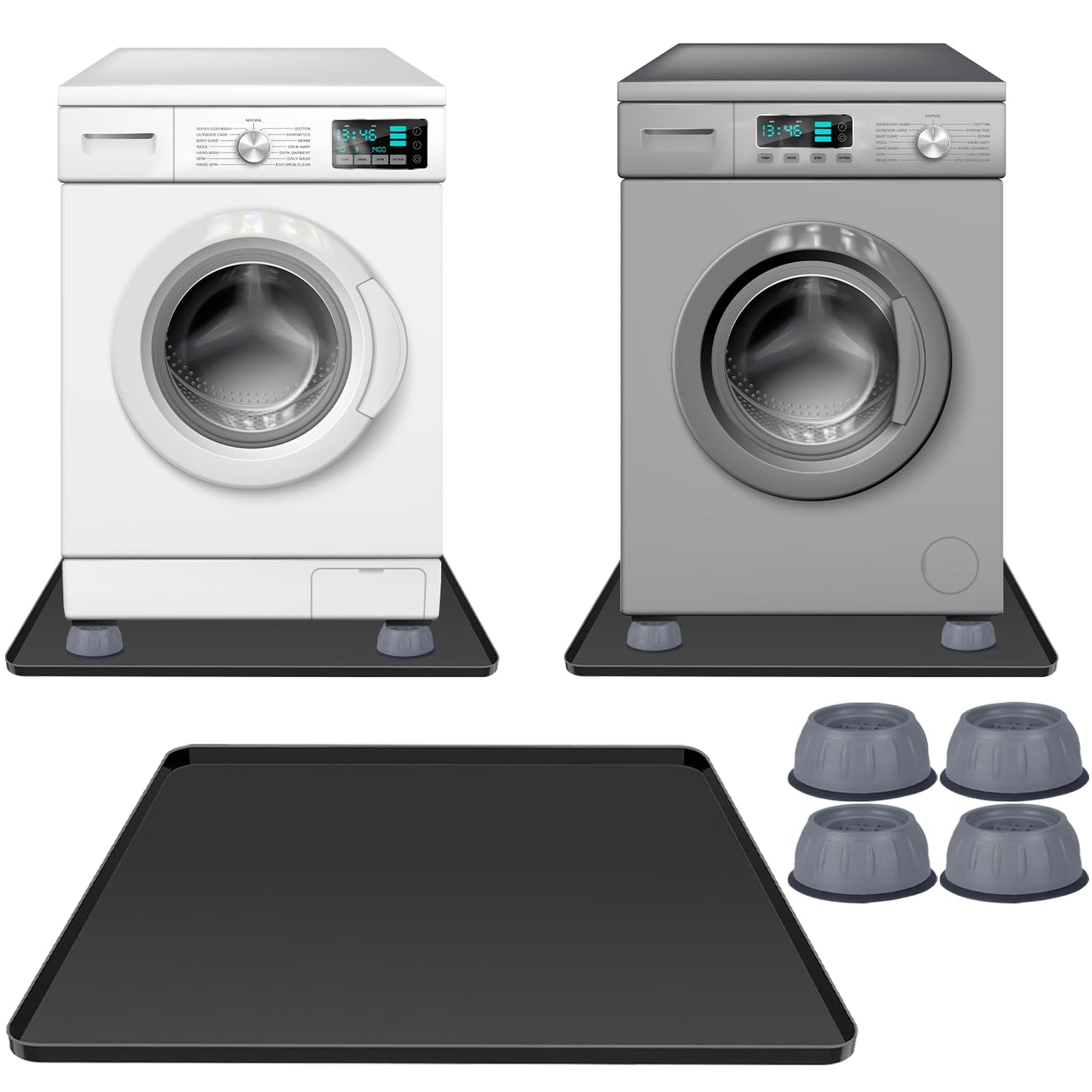 Washing Machine Drain Pan 27"x27" with 4 Anti-Vibration Foot Pads – Washer Tray,Non-Slip, Waterproof, Laundry Appliance Floor protection Set –Noise Reduction Leak Prevention -Soft Silicone Mat
