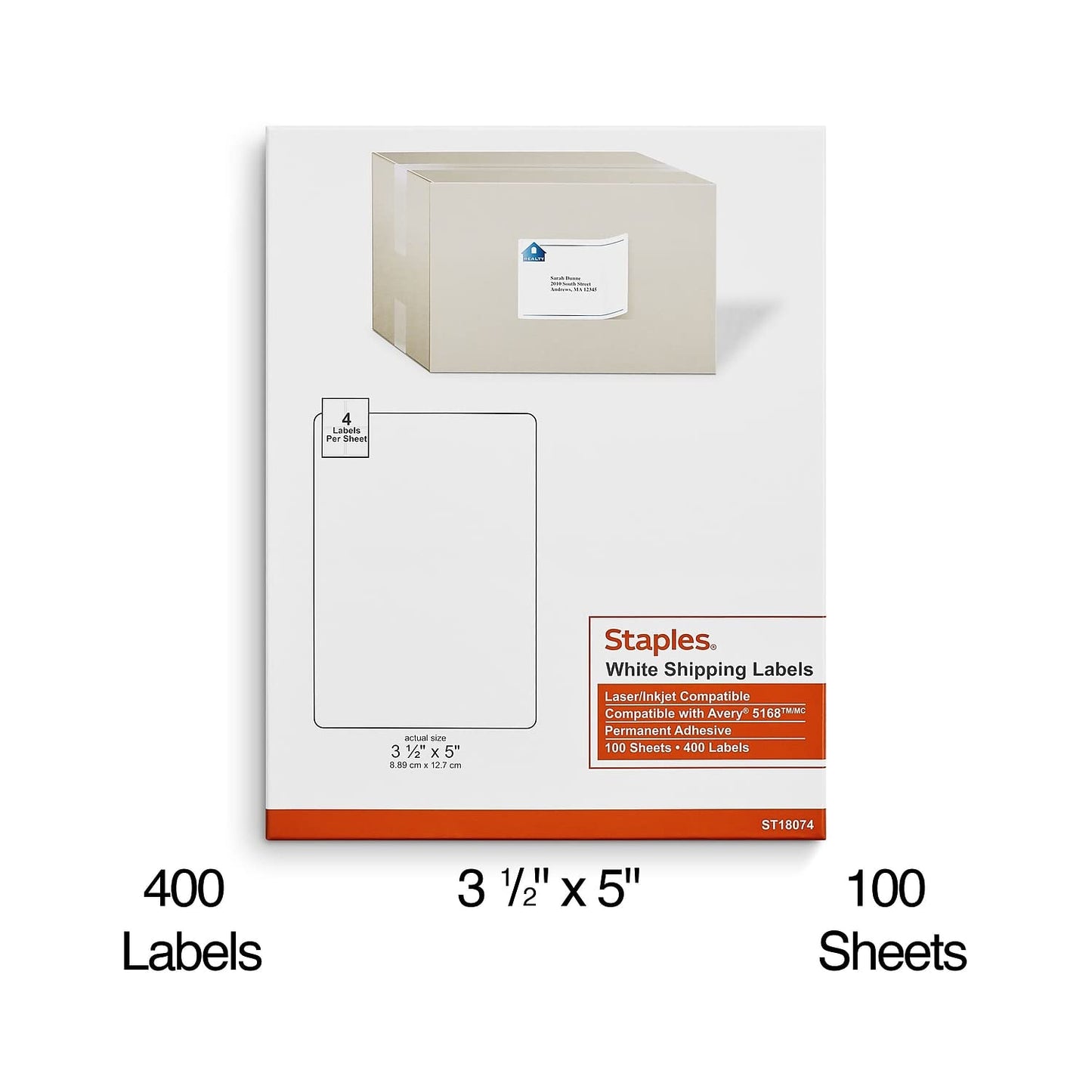 Staples 3-1/2" x 5" Shipping Labels, Bright White – Printable Laser & Inkjet Labels for Packages and Mailing