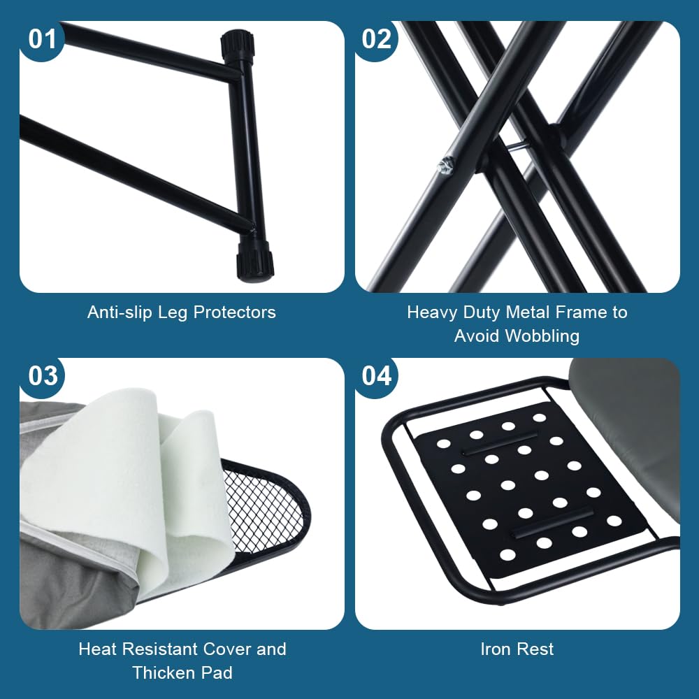 Ironing Board Full Size, Heat Resistant Cover Iron Board with Steam Rest, Ultra Thick Padding, Height Adjustable Heavy Sturdy Metal Frame Legs Ironing Stand,Non-Slip Foldable (54"x13", Square Rest)