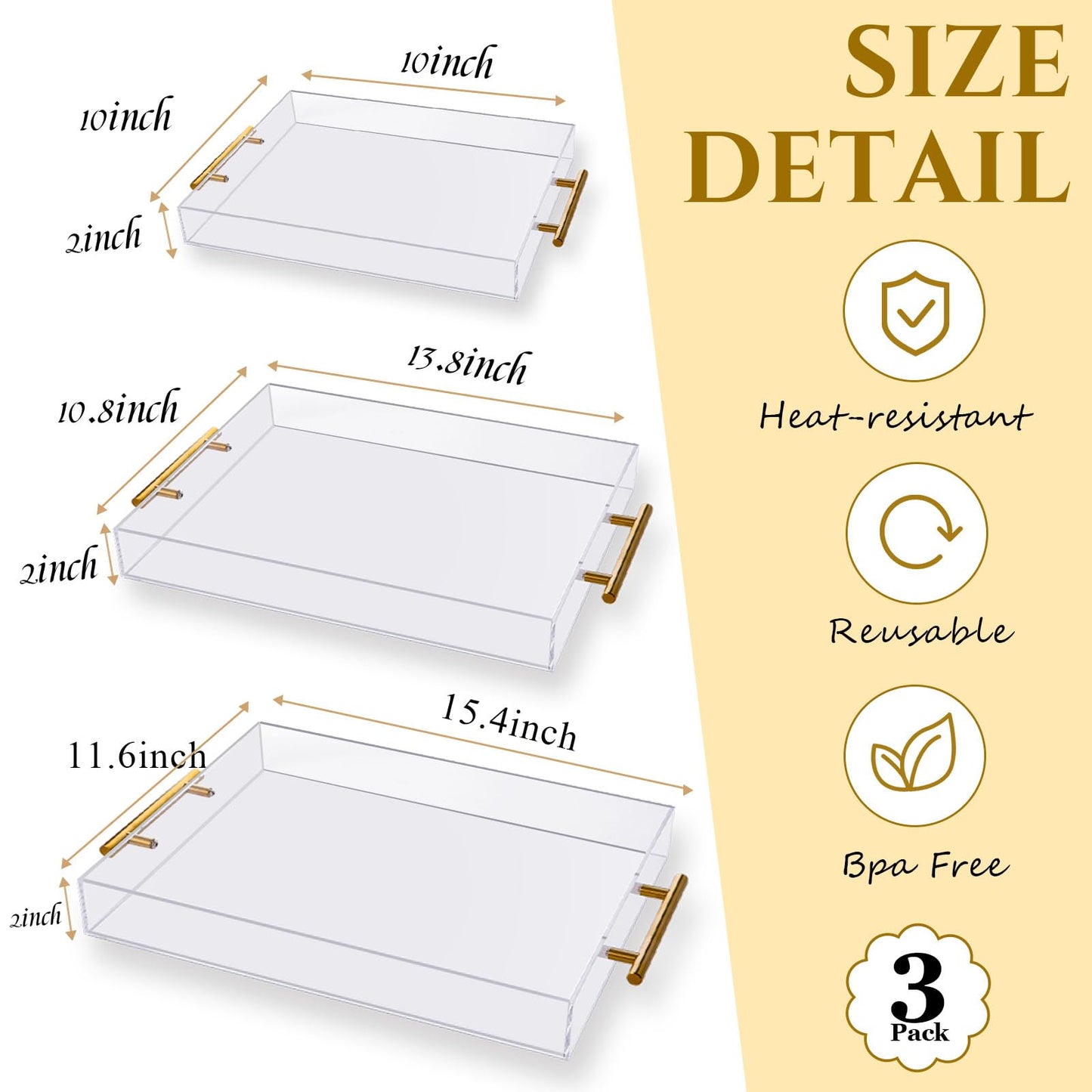 3 Pack Clear Acrylic Serving Tray with Gold Handles, Spill-Proof Acrylic Tray, Decorative Organizer Tray for Coffee Table Countertop Bathroom Vanity Appetizer Breakfast