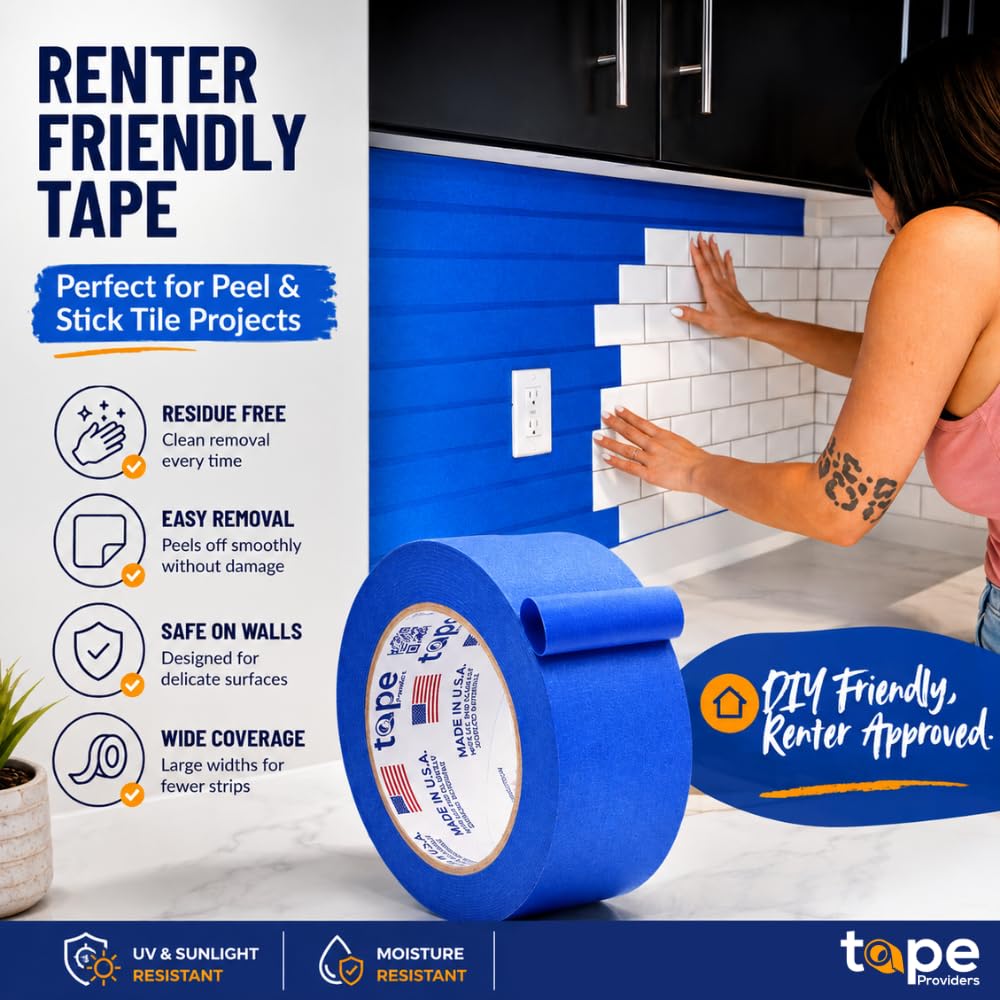 Made in USA Blue Painter’s Tape - 2 inch x 60 yds. (6 Pack) Thick & Wide Masking Tape for Safe Wall Painting, Building, Remodeling, Labeling, Edge Finishing