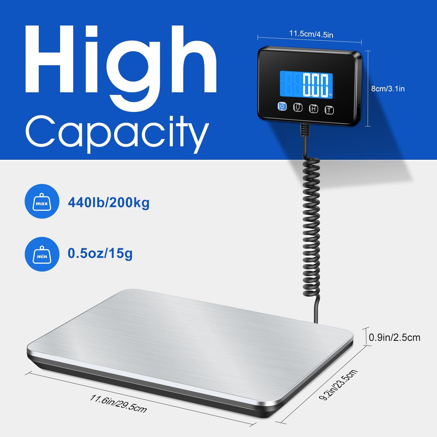 KUAIVO Luggage Scale 440lb Digital Shipping Scale with 0.35oz Accuracy, Tare/Hold, USB & Battery, Portable Postal Package Scale for Travel, Home, Office