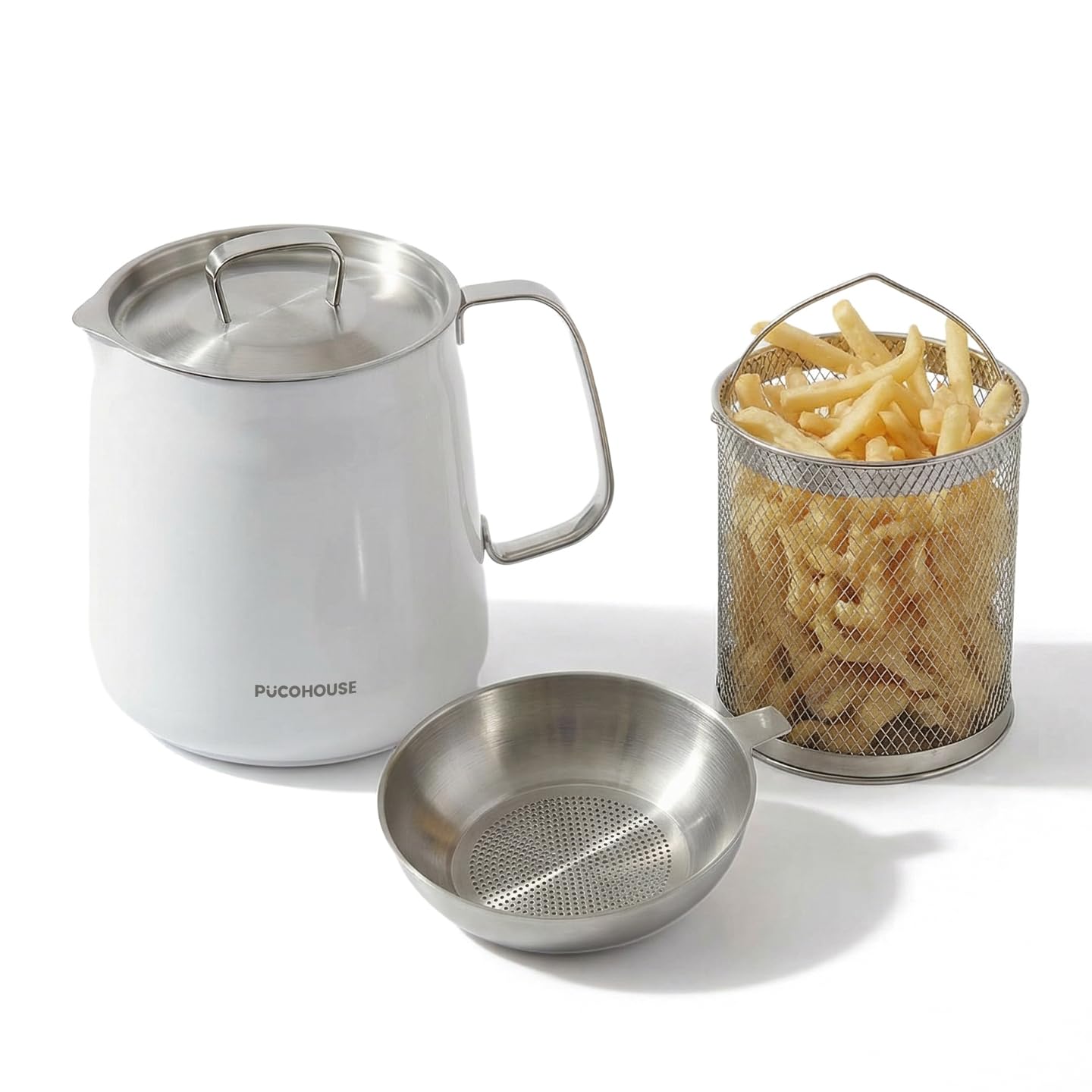 PUCOHOUSE Small 304 Stainless Steel Deep Fryer with Basket & Strainer, 2L Compact Fryer Pot for Frying, Cooking, Camping, Oil Filter Container (White)