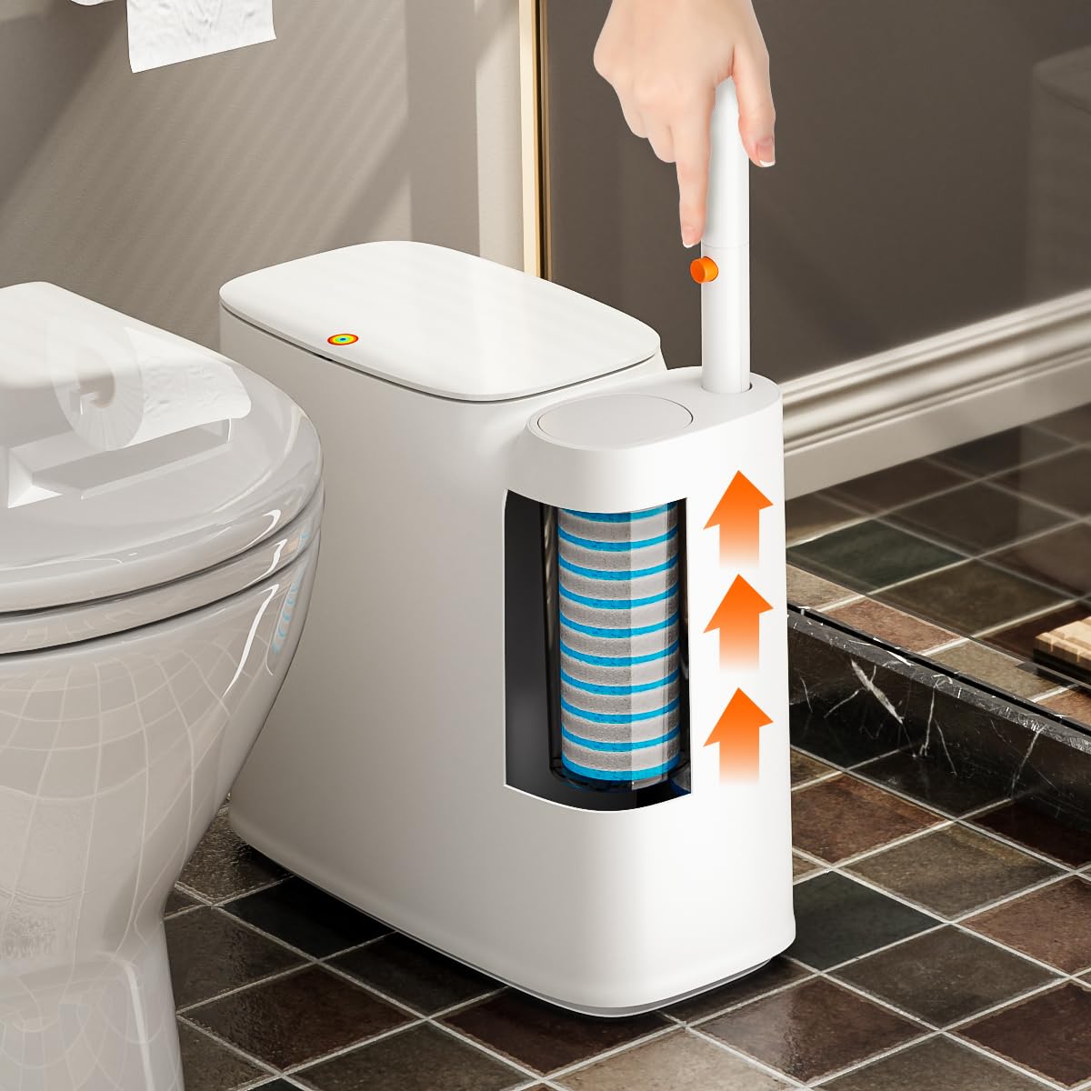 CTIME Bathroom Trash Can Set - Narrow White Plastic Small Trash can, a Toilet Wand, Toilet Brush Holder and 36 Refills, 2 Gallon Trash can with pop-up lid, Suitable for bathrooms and Small Toilets.