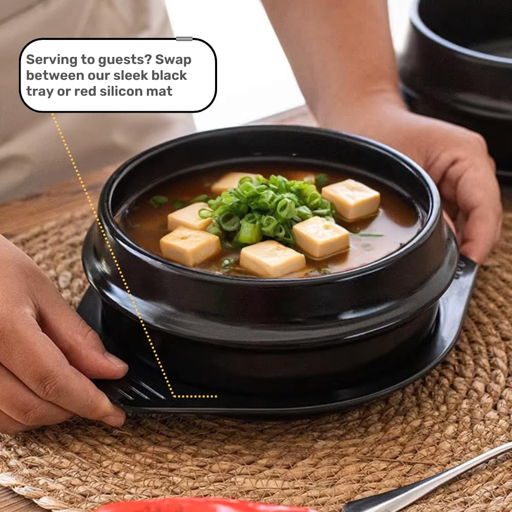 Captain Cranberry Korean Stone Pot Set (7-piece, 38.7oz with Hot Pot Grip), Ttukbaegi, Dolsot, Korean Soup Bowl, Ceramic Pots for Cooking, Soup Pot, Earthenware Claypot, Bibimbap, Ramen