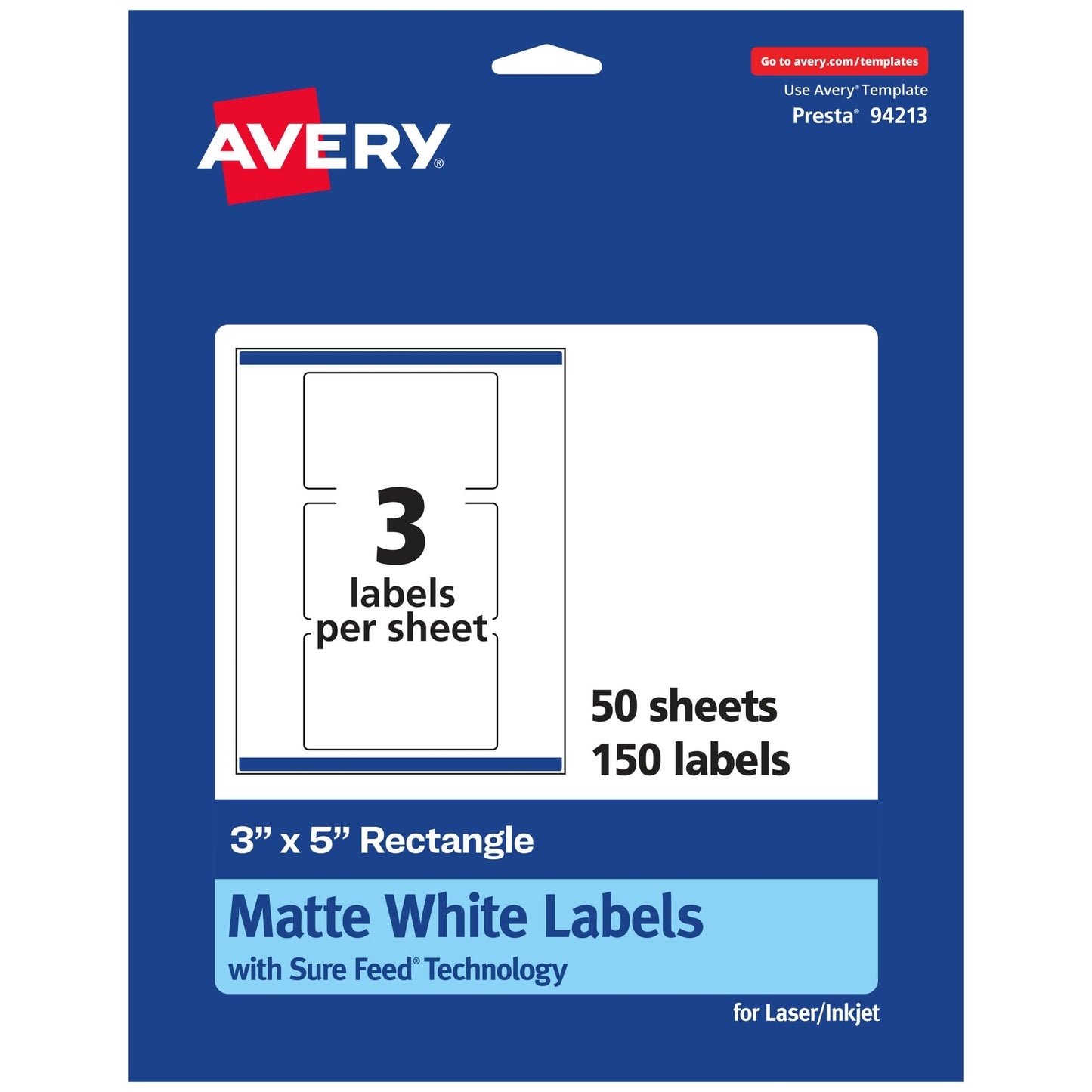 Avery Matte White Rectangle Labels, Sure Feed Technology, 3" x 5", 150 Matte White Printable Labels