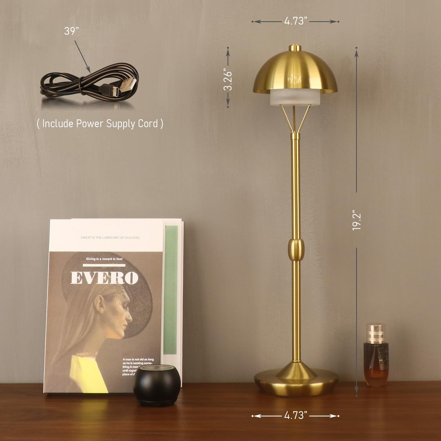 PSDSSHIIS Modern Table Lamp Cordless Portable Desk Lamp, 2700K Stepless Dimming Rechargeable Battery Operated LED Lights for Bedroom, USB-C Charging, Restaurant/Bar/Night Light/Gifts (Antique Brass)