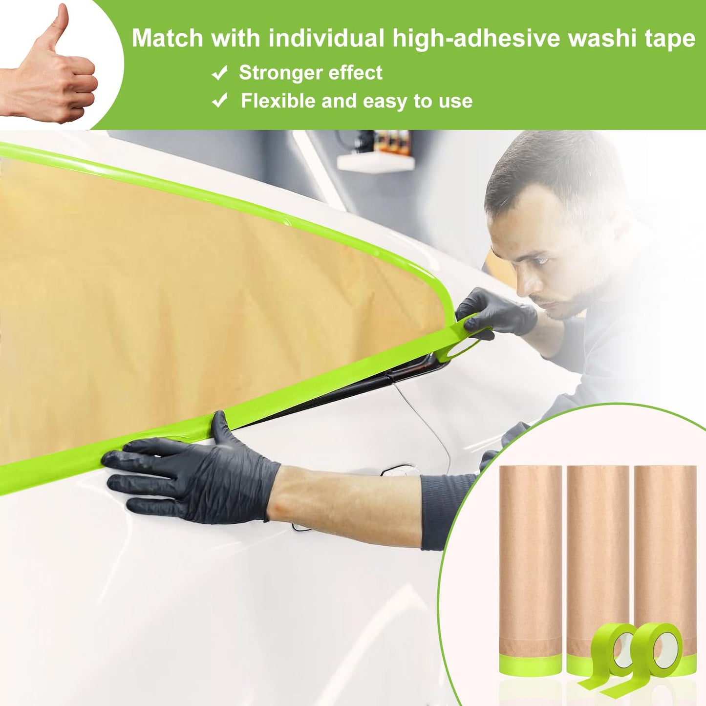 9 Rolls Pre-Taped Masking Paper for Painting and 4 Rolls Masking Tape Set -18 inch x 50 feet Tape and Drape for Painting, Painters Paper for Automotive Paint Masking, Floor Protection,Wall Covering