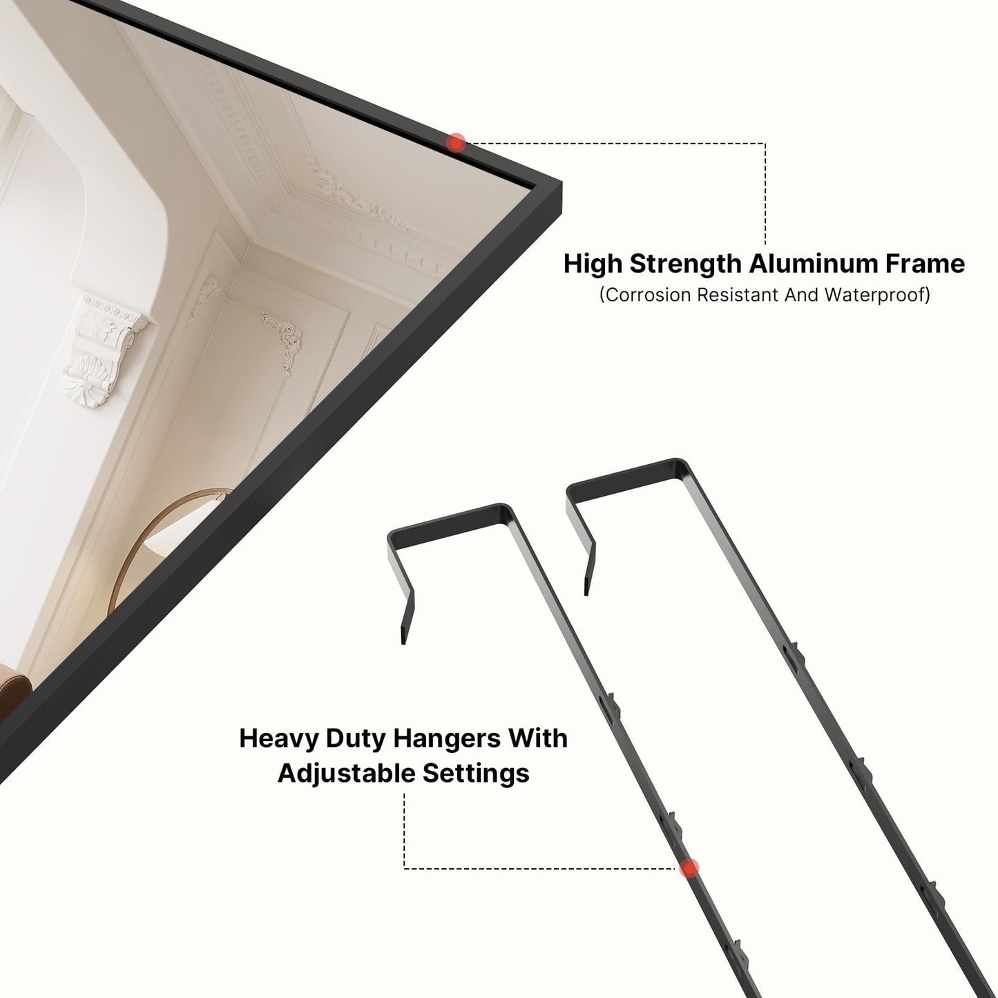 Kosmonia 48x14 Inch Full Length Tempered Glass Door Mirror - Over The Door Hanging, No Drill Installation, Suitable for Bedroom & Closet, Sturdy Hanging Design