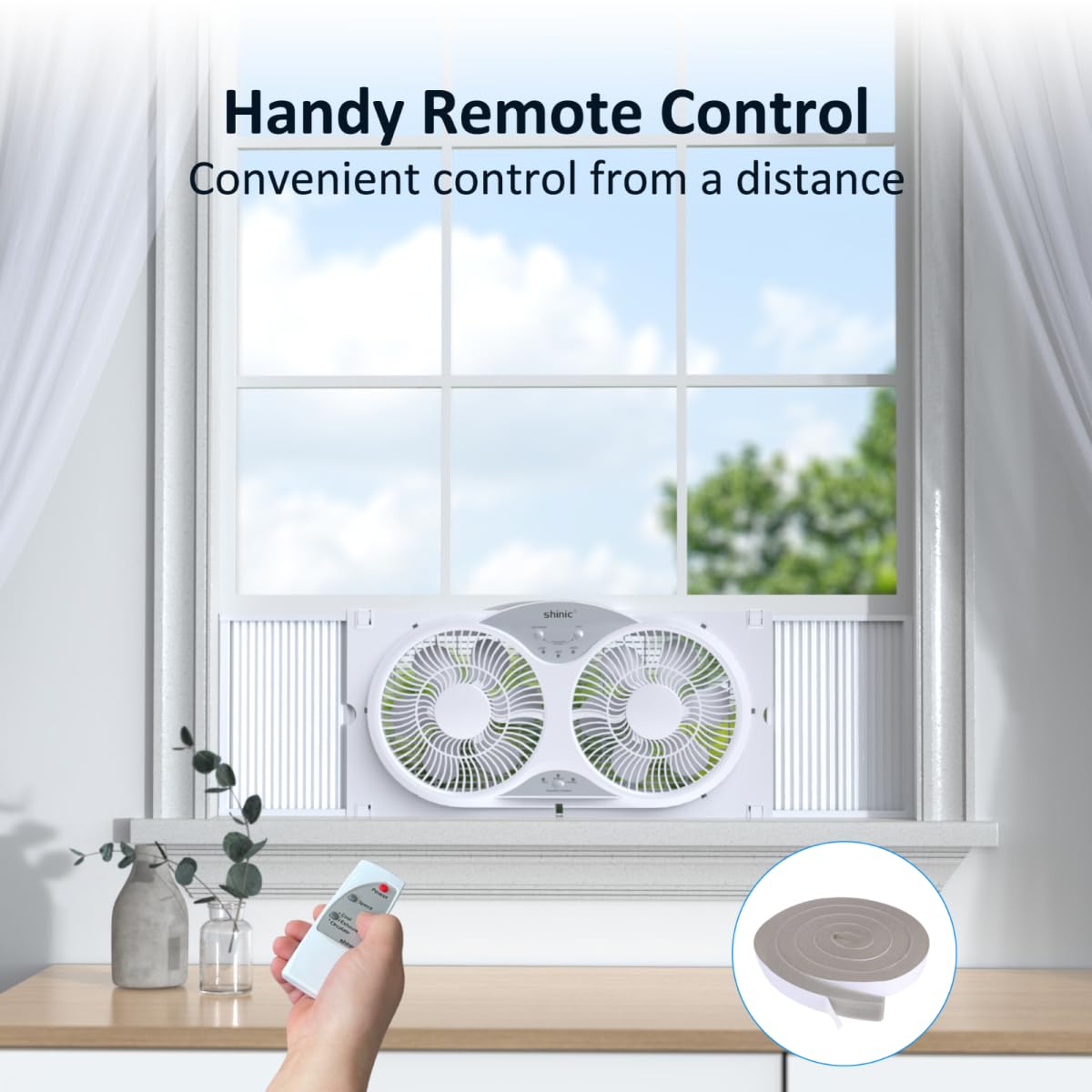 shinic Window Fan with Reversible Airflow, Twin 9" Blades, Full Remote Control, 3 Functions-3 Speeds, Bathroom Kitchen Window Exhaust Fan, Width Adjustable (From 23.8" to 37") ETL Certified