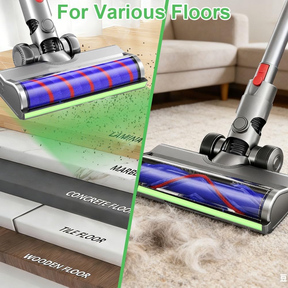Replacement Head Parts for V7/V8/V10/V11/V15, 270° Torque & Anti-Tangle Motor-Driven Brush Roll with LED Light Dust Detection, Quick-Release Head Attachments for Carpets, Hardwood Floors & Tiles