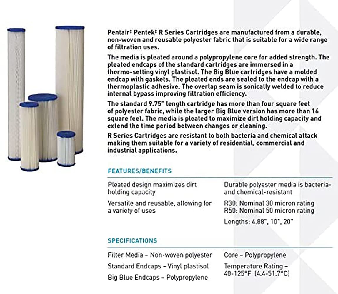 Pentair Pentek R30-20BB Big Blue Sediment Water Filter, Whole House Pleated Polyester Filter Cartridge, 20" x 4.5", 30 Micron, White