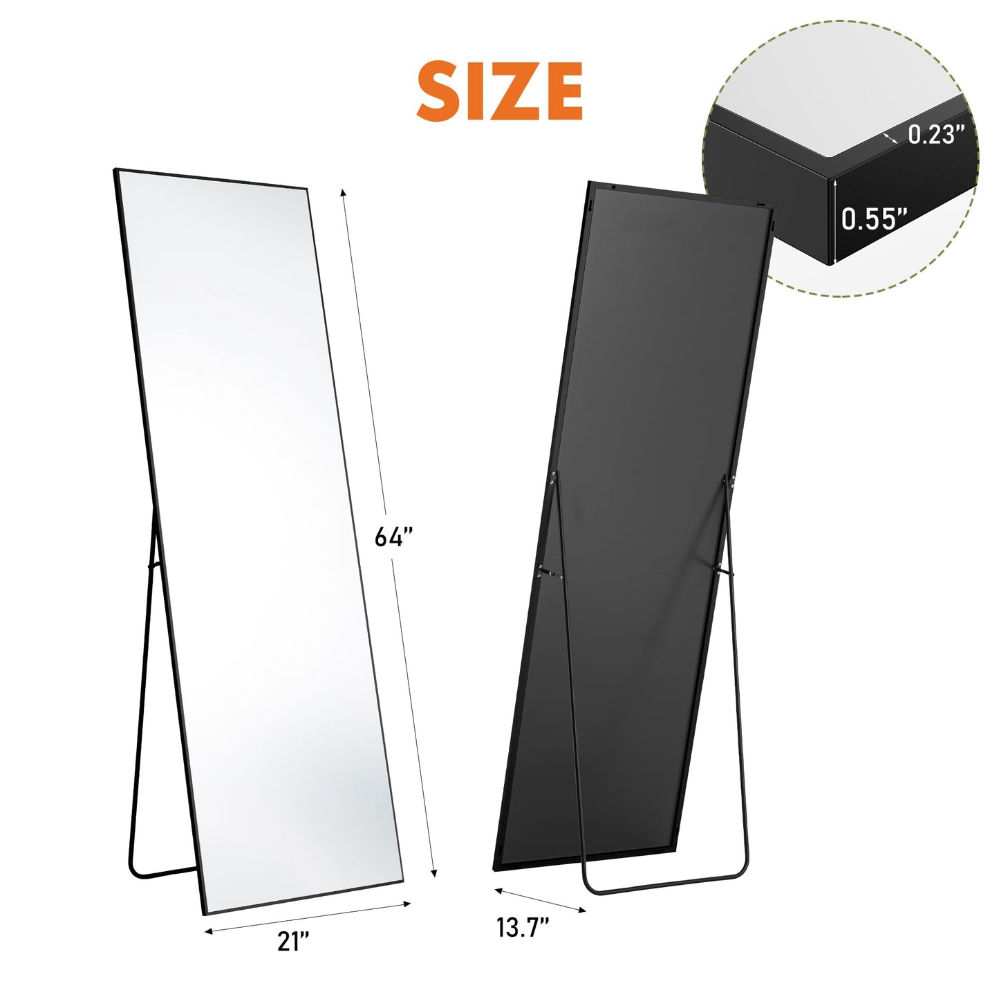 DUMOS Full Length Mirror 64"x21" Full Body Floor Mirror for Bedroom or Cloakroom, Can Stand Alone, Hang or Lean Against Wall, Tall Wall Mirror with Stand, Black