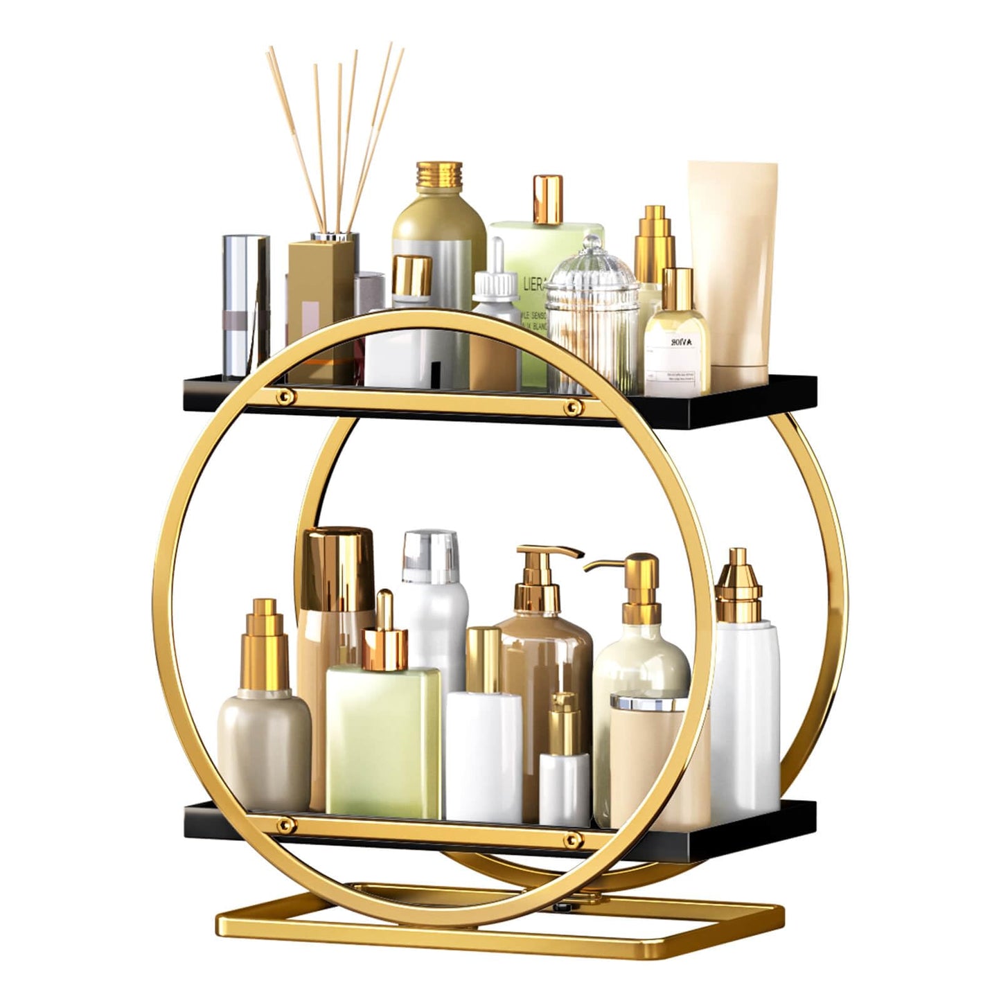YIWANFW Makeup Organizer for Vanity, Black Gold Perfume Organizer for Dresser, 2-Tier Bathroom Countertop Organizers, Bathroom Counter Shelf Skincare Holder Perfume Tray Cosmetic Display