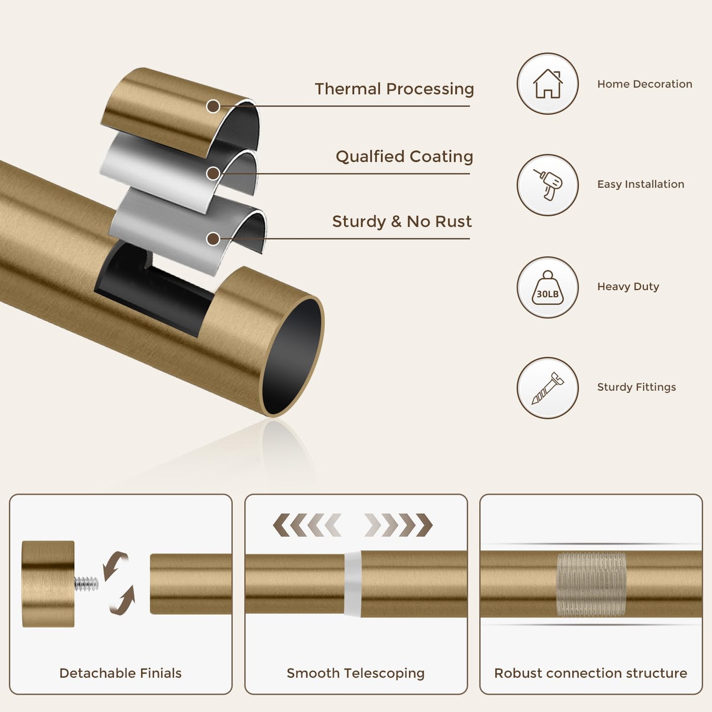Warm Gold Curtain Rod 36 to 176 Inch, Extra Long Heavy Duty Brass Curtain Rods for Window, 1" Diameter Adjustable Window Treatment Rod with Aluminum Alloy Finials for Bedroom Living Room Kitchen