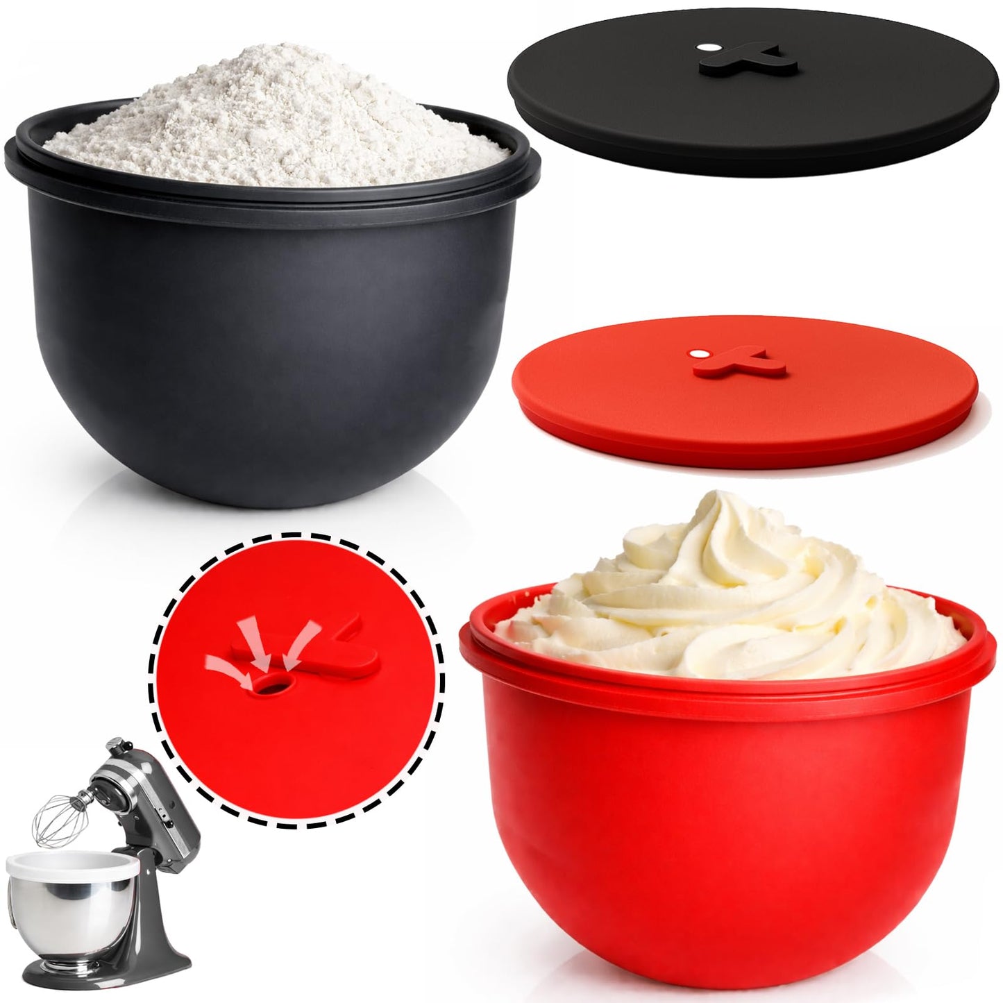 Silicone Bowl Liners for 7 Quart Bowl Lift Stand Mixer, 2 Silicone Liners with Lid, Adjustable Air Hole, Dishwasher Safe, Food Grade Silicone, BPA Free, Mixer Attachments and Accessories