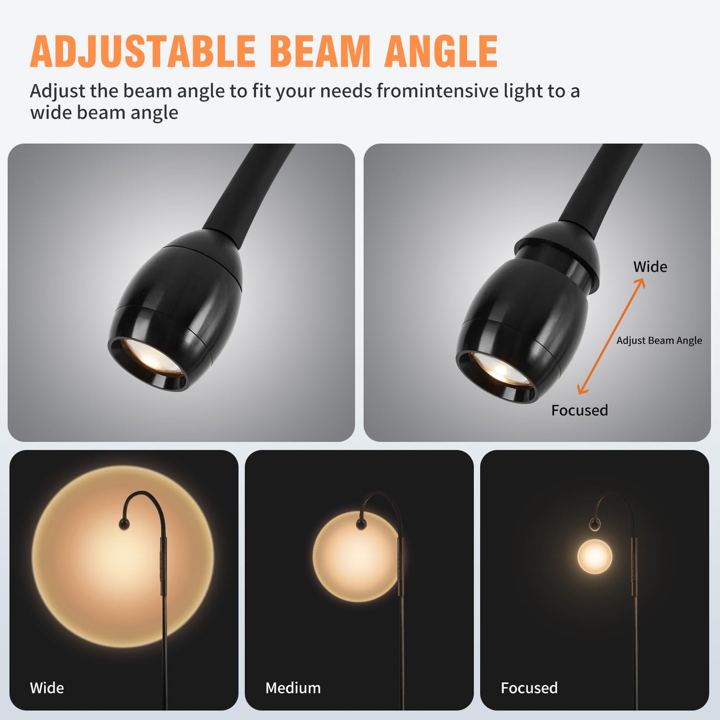 Powfloven LED Beam Reading Floor Lamp, 360° Adjustable Standing Floor Lamp with Flexible Gooseneck, Timer and Zoomable Spotlight, Black Task Bright Lights with Remote for Living Room, Bedroom