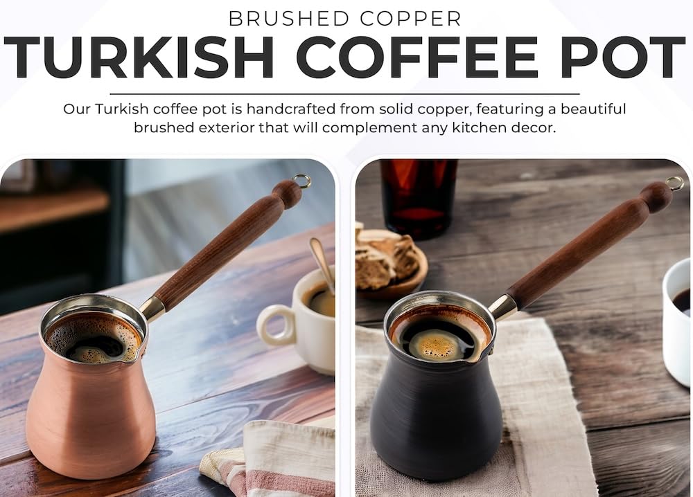 DEMMEX Brushed Copper Turkish Coffee Pot Cezve Ibrik Greek Coffee Briki Stovetop Coffee Maker with Wooden Handle & Spoon, 1mm Thick Copper, Handmade in TURKEY, 8 fl Oz - 3 Servings
