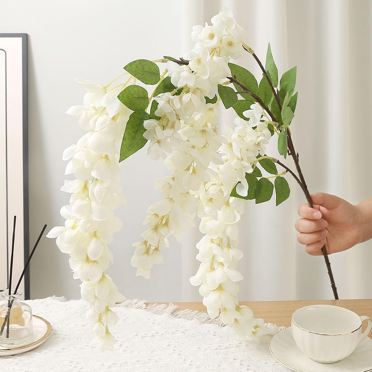 AROIUO 4pcs 47.2-inch Artificial Fake Wisteria Hanging Flower Garland Silk Flower String Home Party Decoration White Blue Pink Purple (White)