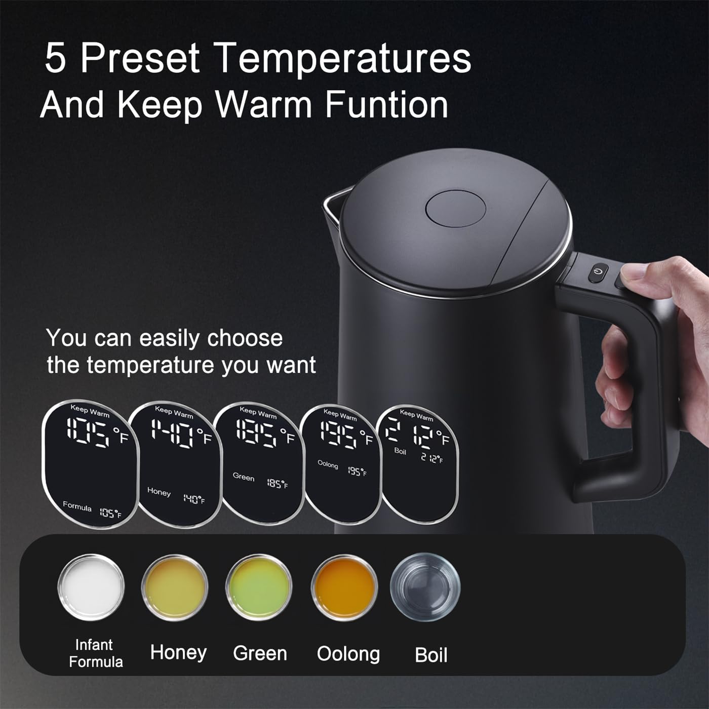 QUAXWELL 1.5L Electric Kettle Stainless Steel, Double Wall Cool Touch Teapot, Fast Boil, Precise Temperature Control, LCD Display, Auto Shut-Off, BPA-Free,Keep Warm Function, Ideal for Tea,Black