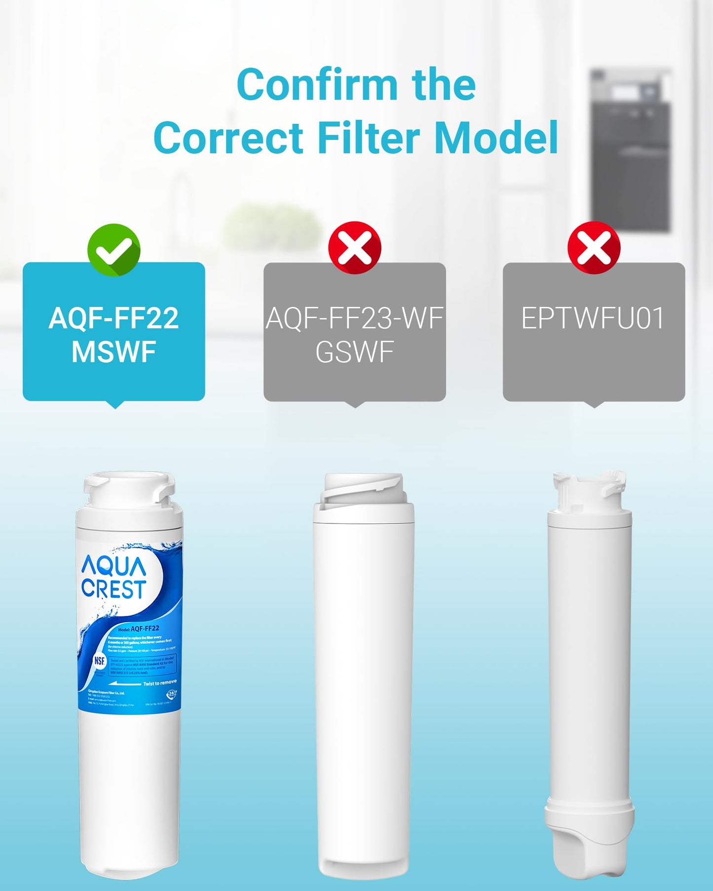AQUA CREST MSWF Refrigerator Water Filter, Replacement for GE® MSWF, 101820A, 101821B, RWF1500A, 3 Pack