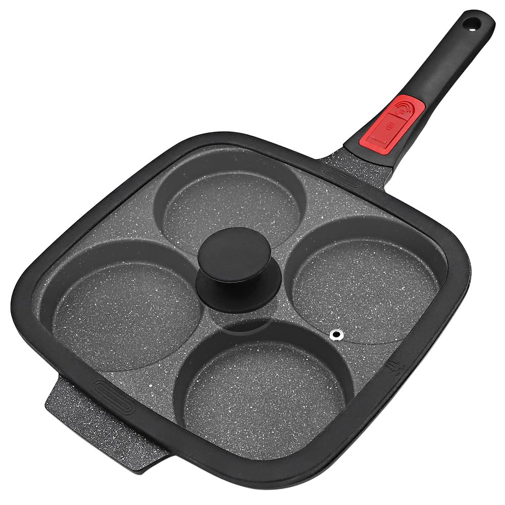 RANX INGST 10 inch Large Egg Pan with Lid, 4-Cup Pancake Pan Nonstick Omelette Skillet with Detachable Handle Induction Compatible - Black