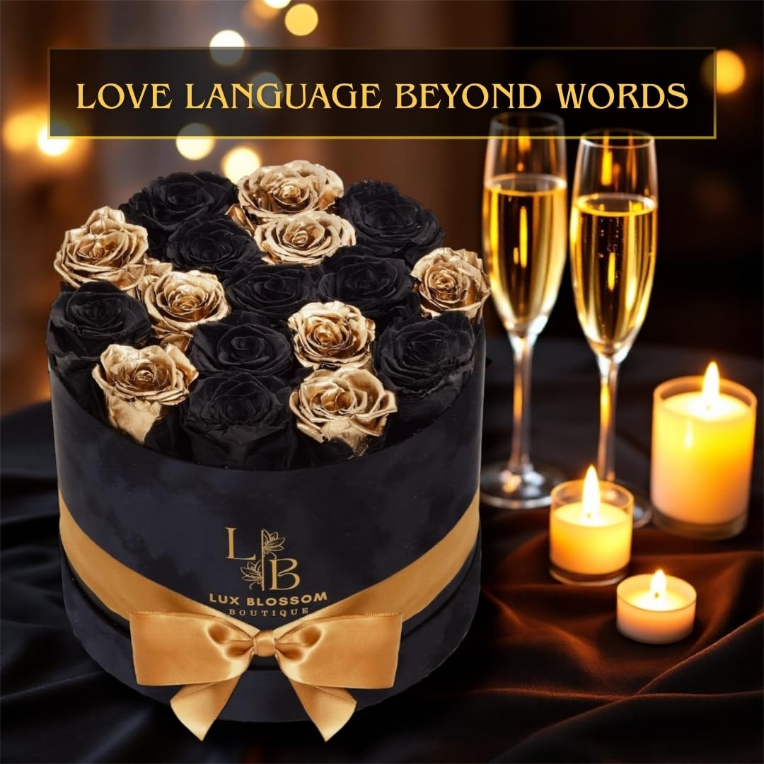 17 Black & Gold Forever Roses, Velvet Box - Luxury Black Roses, Graduation Flowers, Golden Roses, Preserved Rose Gifts for Women, Flowers for Teacher, Black Roses for Delivery Prime