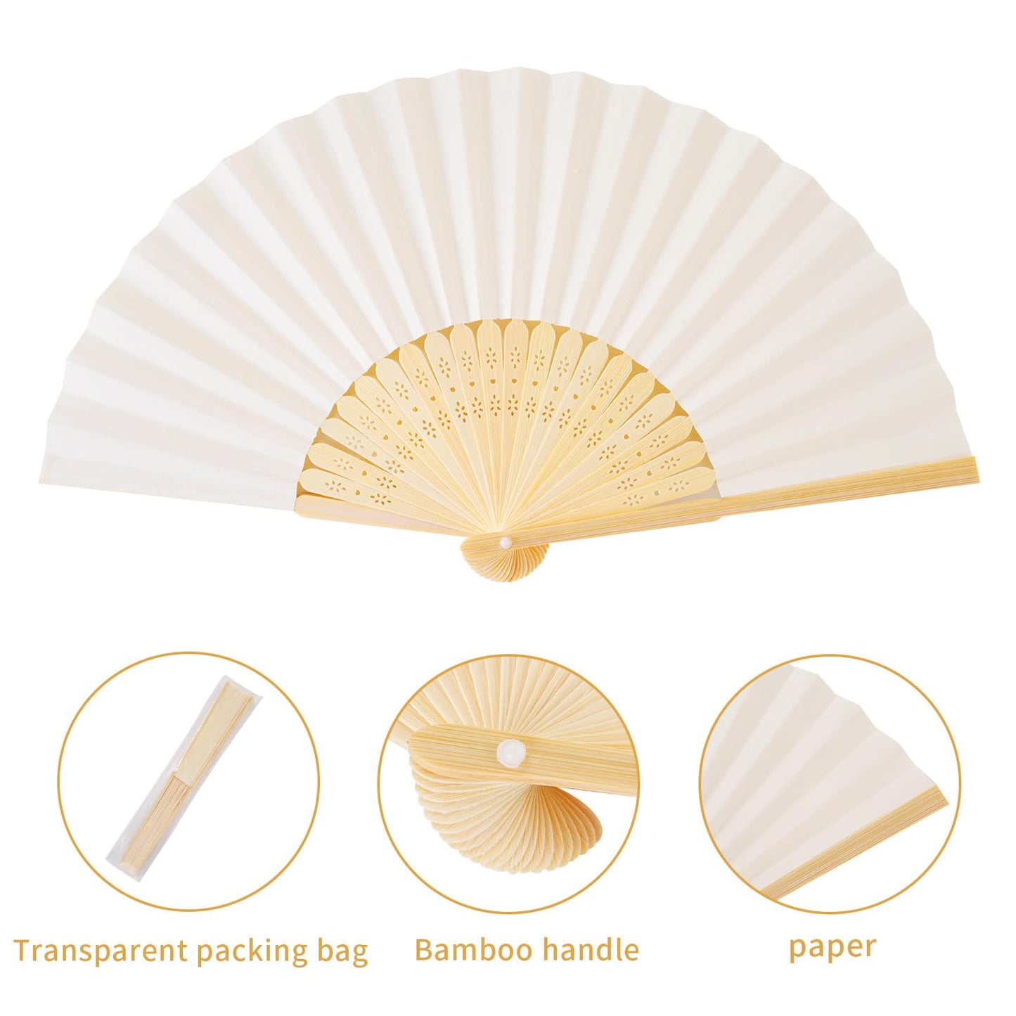 Sepwedd 50pcs Cream-Coloured Paper Hand Fan Bamboo Folding, Handheld Paper Fan for Wedding Party and Home Decoration