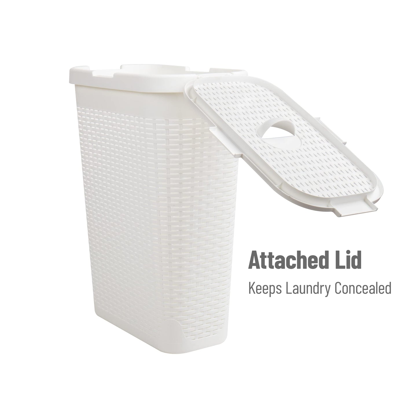 Mind Reader Slim Laundry Hamper with Lid, 40L Clothes Basket, Narrow Tapered Design with Ventilated Cutout Pattern, Plastic, White