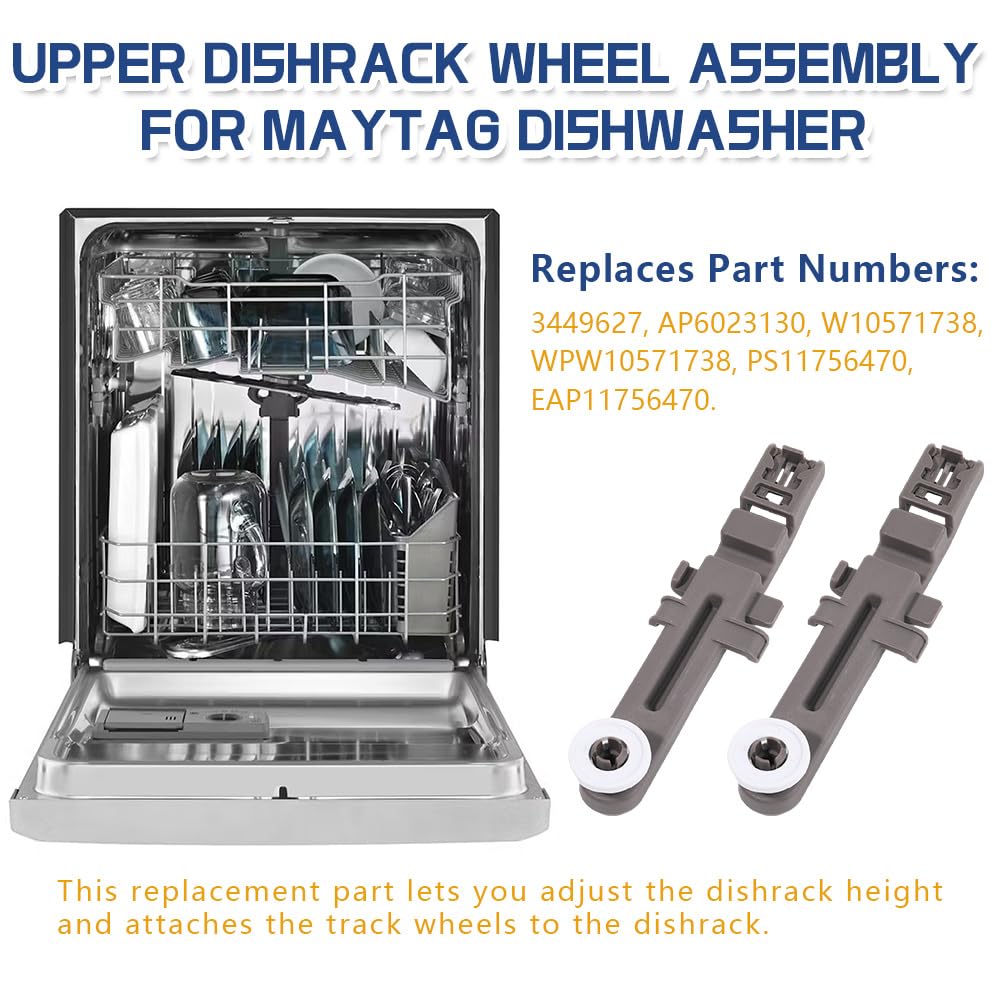 [Upgraded] W10571738 Dishwasher Upper Dishrack Adjuster and Wheel Assembly fit for Maytag/Whirlpool Dishwashers, Replace WPW10571738, 3449627, AP6023130, PS11756470 (4 Pack)