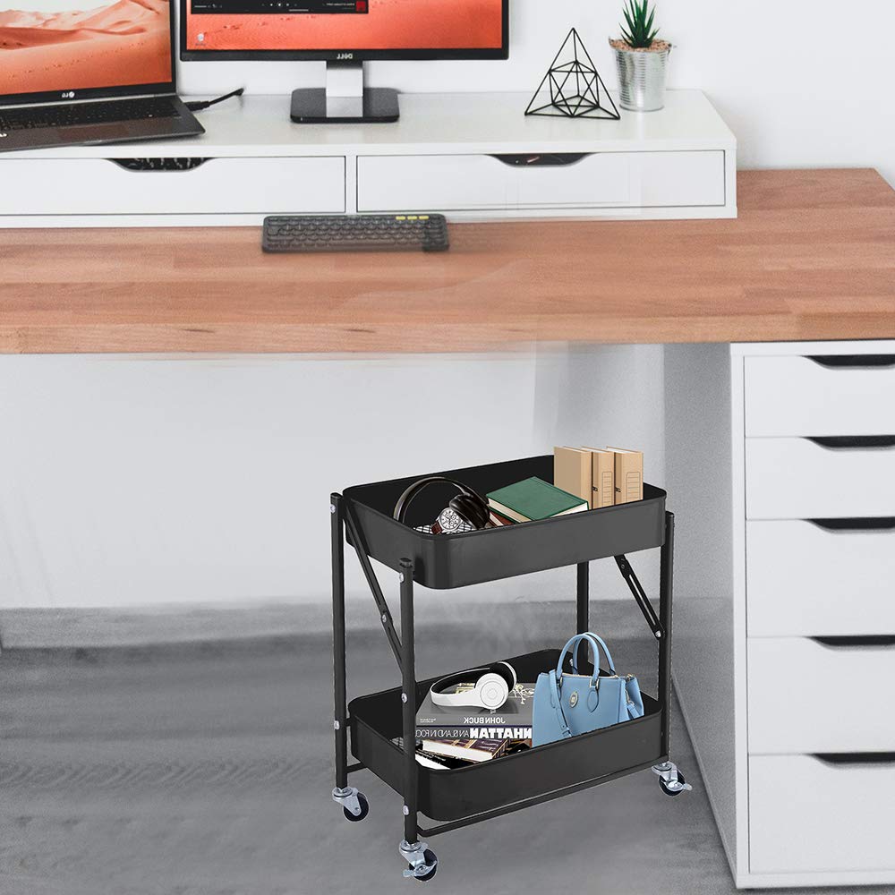 Melody House 2-Tier Metal Folding Rolling Cart, Mobile Utility Cart Trolley Storage Organizer for Office Home Kitchen Organization, Sofa Side End Table with Wheels, Black