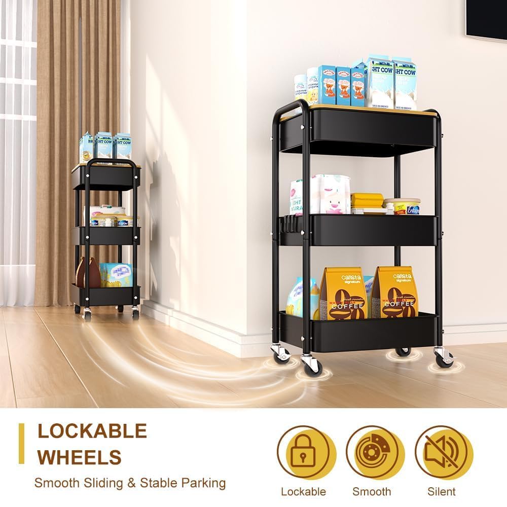 HIDODO 3 Tier Metal Utility Cart, Rolling Storage Cart with Wooden Tabletop, Metal Organizer Cart with Lockable Wheels for Office, Bedroom, Kitchen and Living Room (Black)