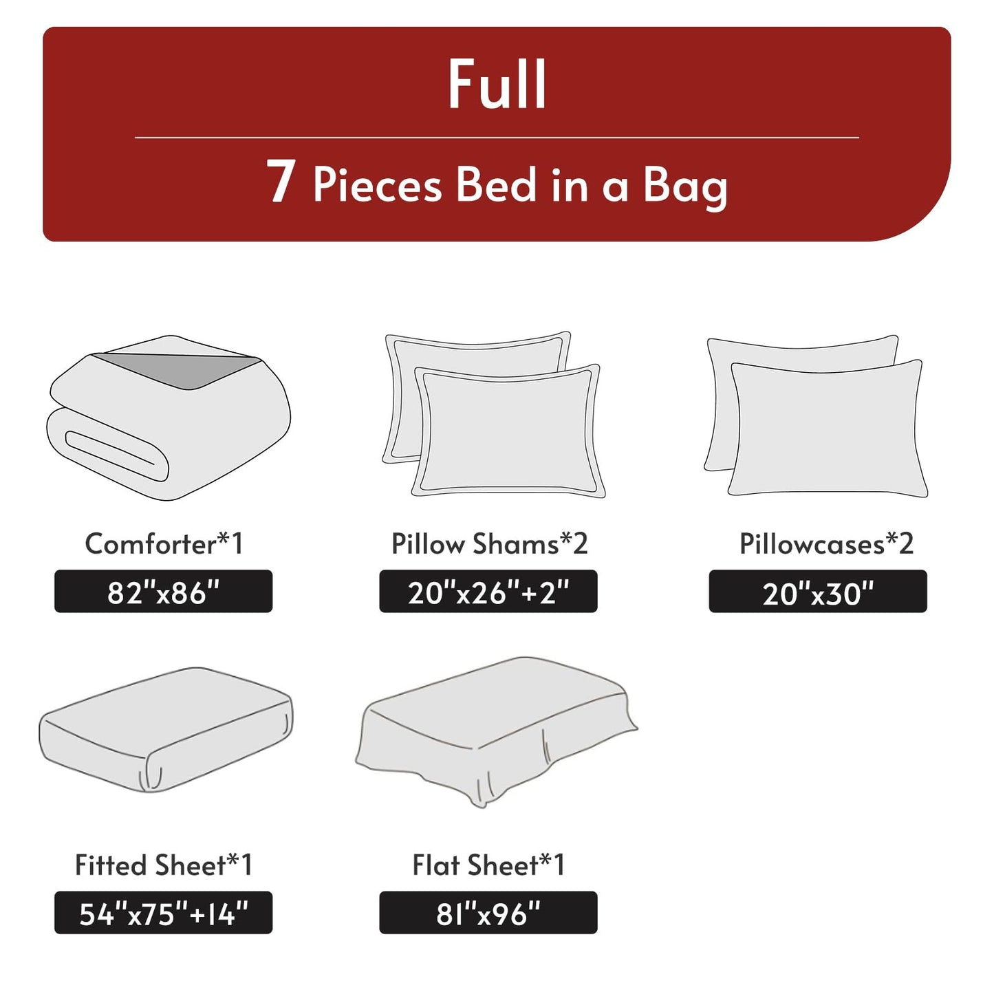 MUXHOMO 7 Pieces Full Comforter Set, Reversible Bed in a Bag Full Size, All Season Bedding Set with Comforter, Flat Sheet, Fitted Sheet, Pillowcases & Shams, Red & Black