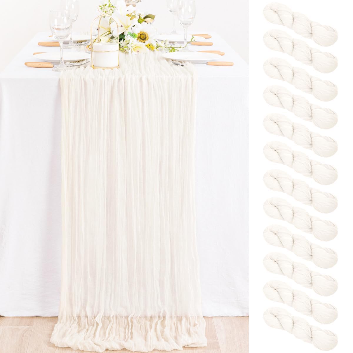 MLMC 12 Pack Ivory White Cheesecloth Table Runner Rustic Gauze White Cheese Cloth Table Runner 10ft Boho Cheese Cloth Centerpiece 35x120 Inches for Dessert Anniversary Wedding Bridal Shower Decor