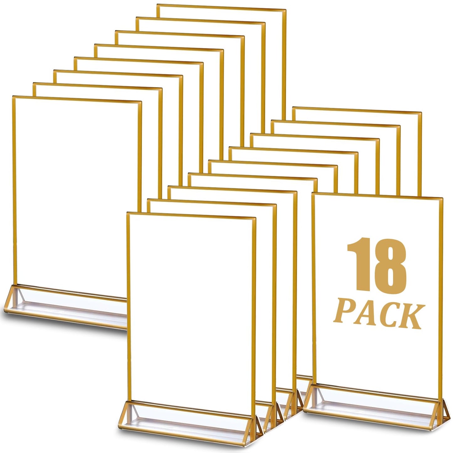 PIEMEET 18 Pack Acrylic Sign Holder with Golden Border, 4 X 6 Clear Sign Holders, Double Sided Gold Picture Frame, Gold Flyer Holder Vertical Stand, Table Menu Stands for Wedding Tables Sign Display