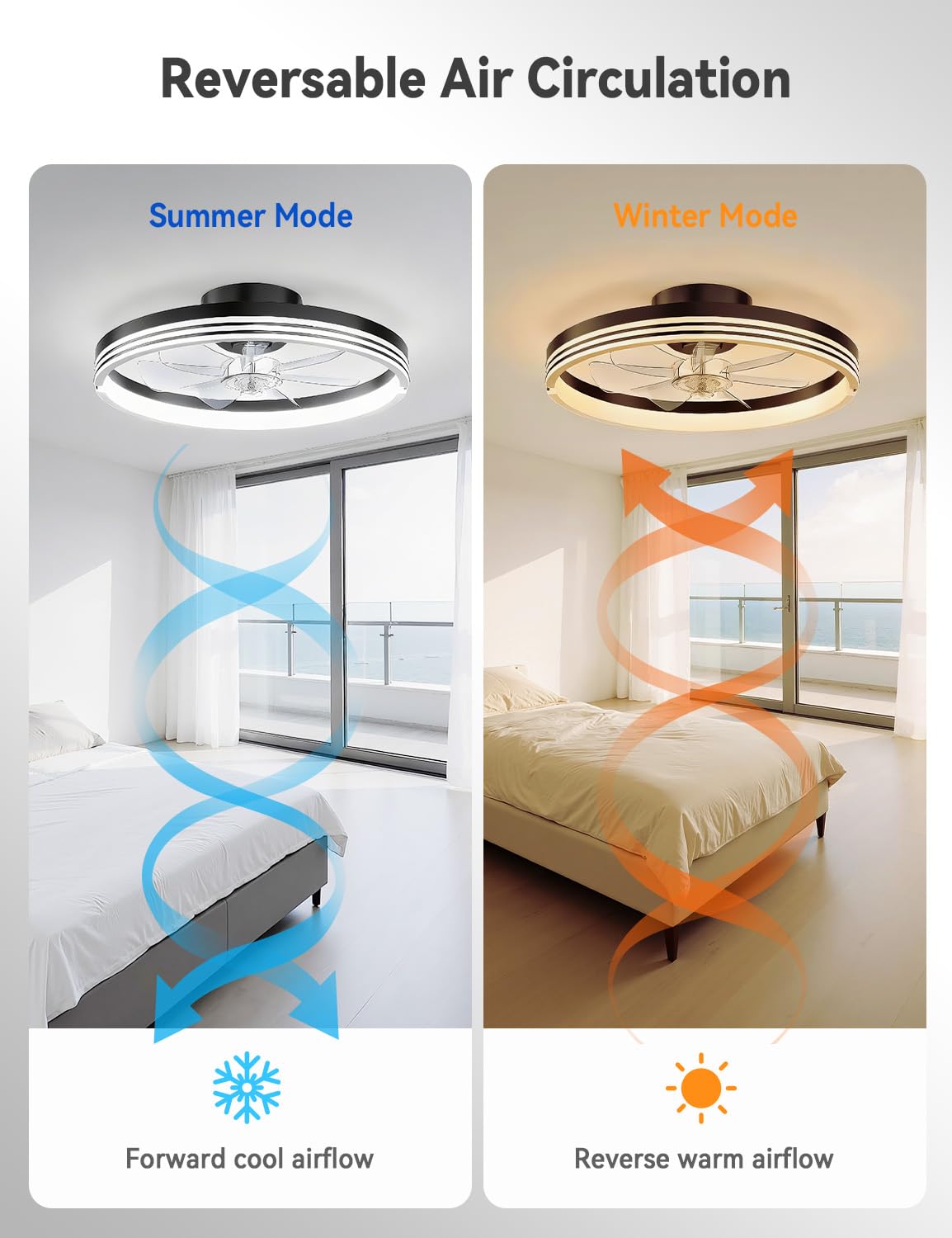 AKOFUN Modern Bladeless Ceiling Fans with Lights, Small Fandelier Bedroom Ceiling Fan - Low Profile LED Fan Light with Remote APP, Flush Mount, Dimmable, DC Motor, 6 Speeds, Timer (18 inch, Black)