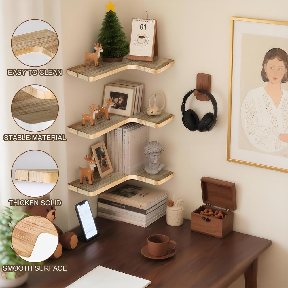 jubilander Floating Corner Shelves Set of 3, Solid Wood Picture Wall Shelf, Floating Shelves for Storage for Bedroom Kitchen Bathroom Living Room (Light Burnt)