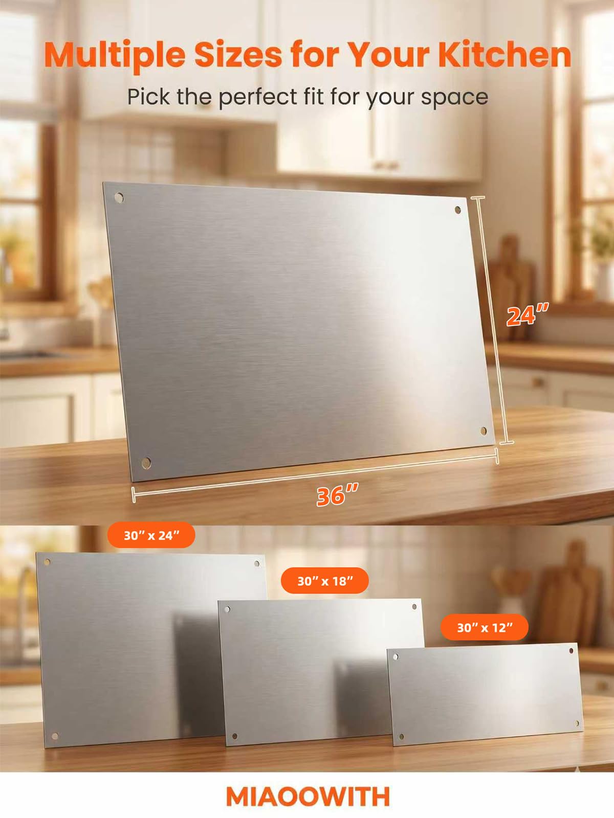 MIAOOWITH Stainless Steel Backsplash for Stove,36 x 24 Inch 304 Steel Splatter Guard for Kitchen Wall,Film-Free Out of Box,Heat Resistant Range Hood Backsplash Panel with Pre-Drilled Holes