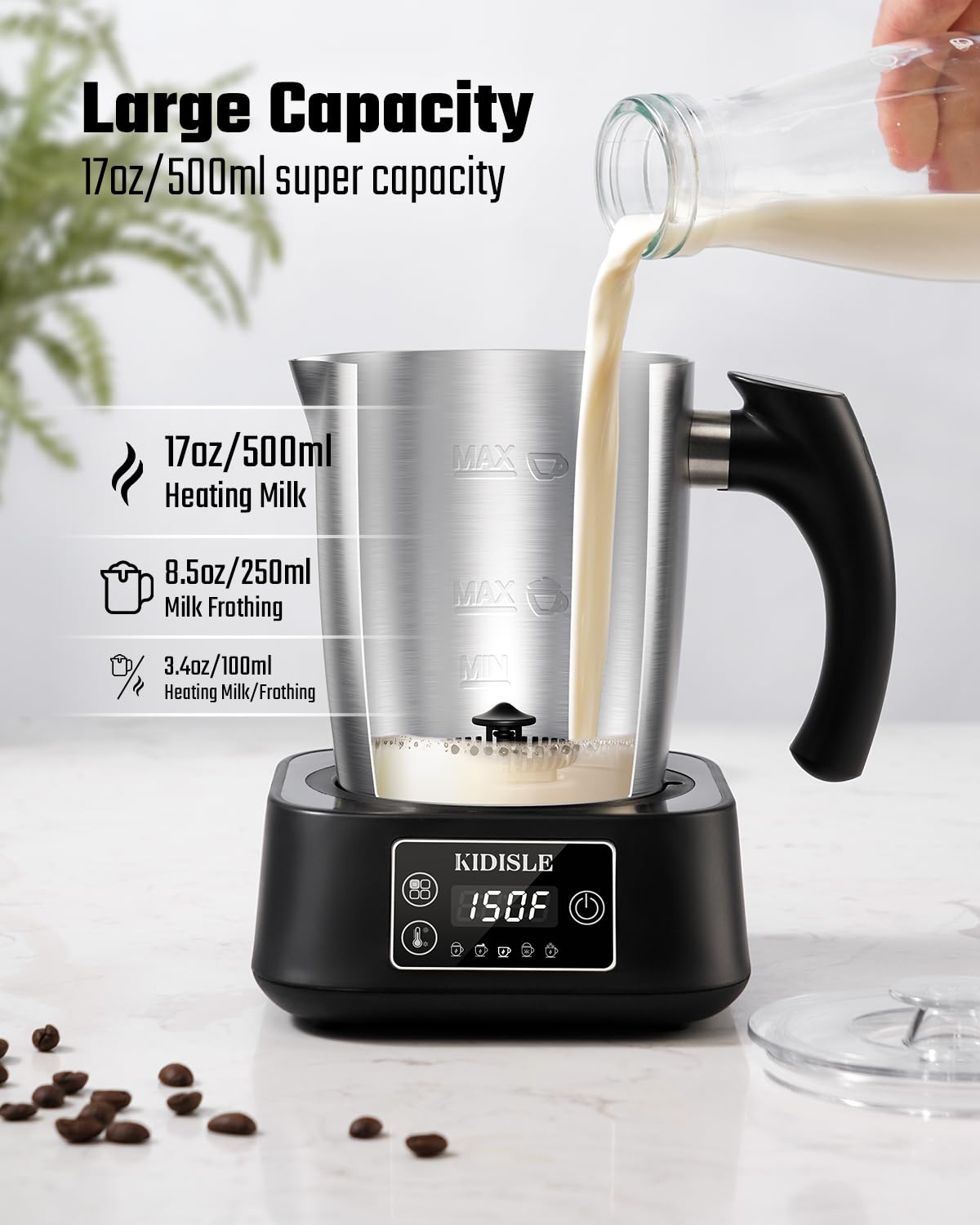 KIDISLE 5-in-1 Milk Frother and Steamer, 17oz Detachable Stainless Steel Jug, 4 Adjustable Temperatures 130°F-160°F, Hot & Cold Foam Maker, Hot Chocolate Maker, Dishwasher Safe