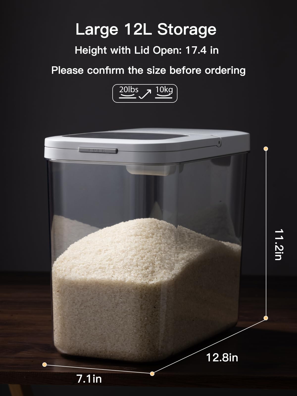 LivLab Mker 20-25 lbs Rice Dispenser with measuring spoon - 11.4Qt/12L Large Airtight Food Storage Rice Container for Cereal, Flour - BPA-Free PET, Slim Space-Saving