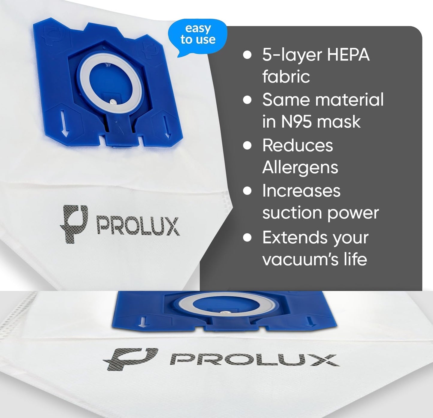6 pack of HEPA bags and 2 post Filters for the Prolux X8 series backpack vacuum cleaners