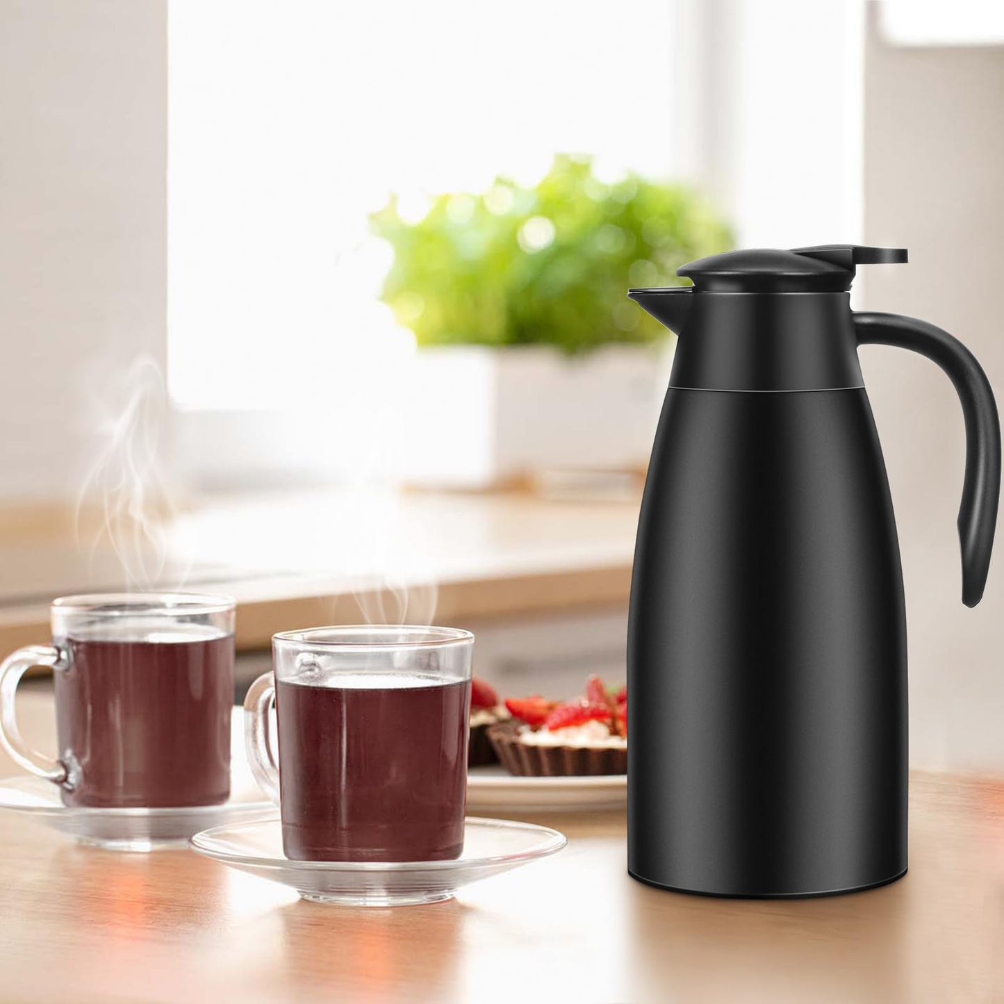 Essenya 2 PCS 68 OZ Thermal Coffee Carafe, Insulated Stainless Steel Coffee Carafe Double Walled Vacuum Thermal Pot Flask with Brushes for Keeping Hot Coffee Tea Home and Office (Black)