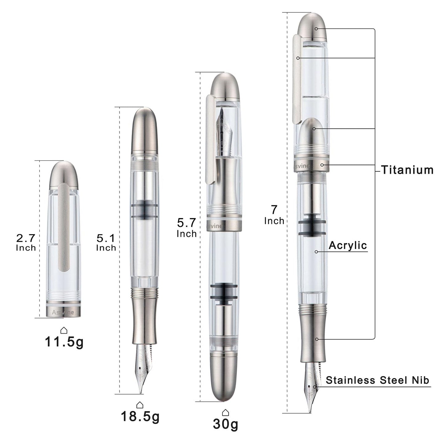 Asvine P36 Titanium Fountain Pen Piston Filling, Iridium Medium Nib Clear Transparent Acrylic Smooth Writing Pen Case Set