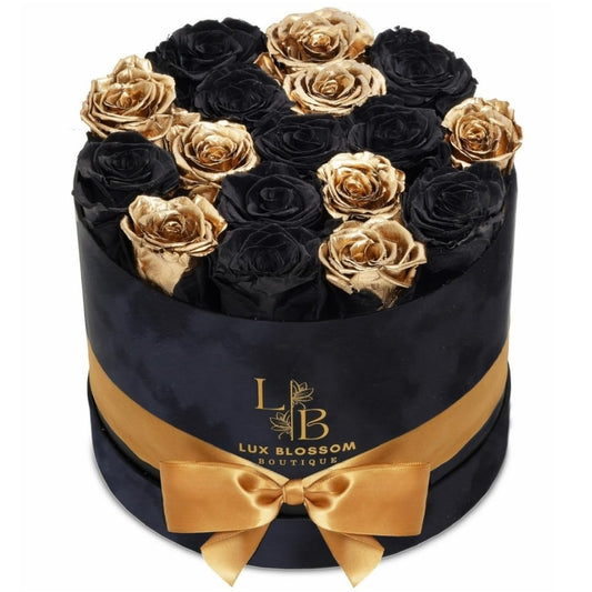 17 Black & Gold Forever Roses, Velvet Box - Luxury Black Roses, Graduation Flowers, Golden Roses, Preserved Rose Gifts for Women, Flowers for Teacher, Black Roses for Delivery Prime