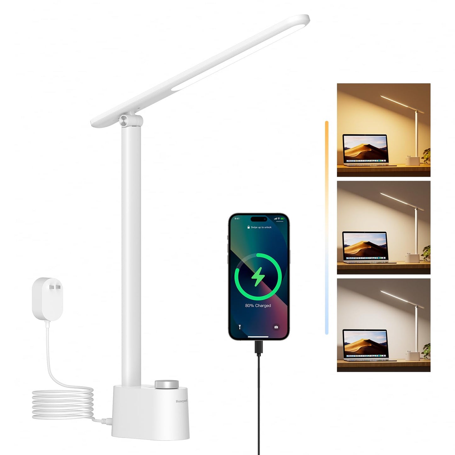 Honeywell LED Desk Lamp - Sunturalux Desk Lamps for Home Office with USB A+C Charging Ports, 3 Color Modes Stepless Dimmable Eye-Caring Foldable Desk Light for Bedroom Table Reading Study(White)