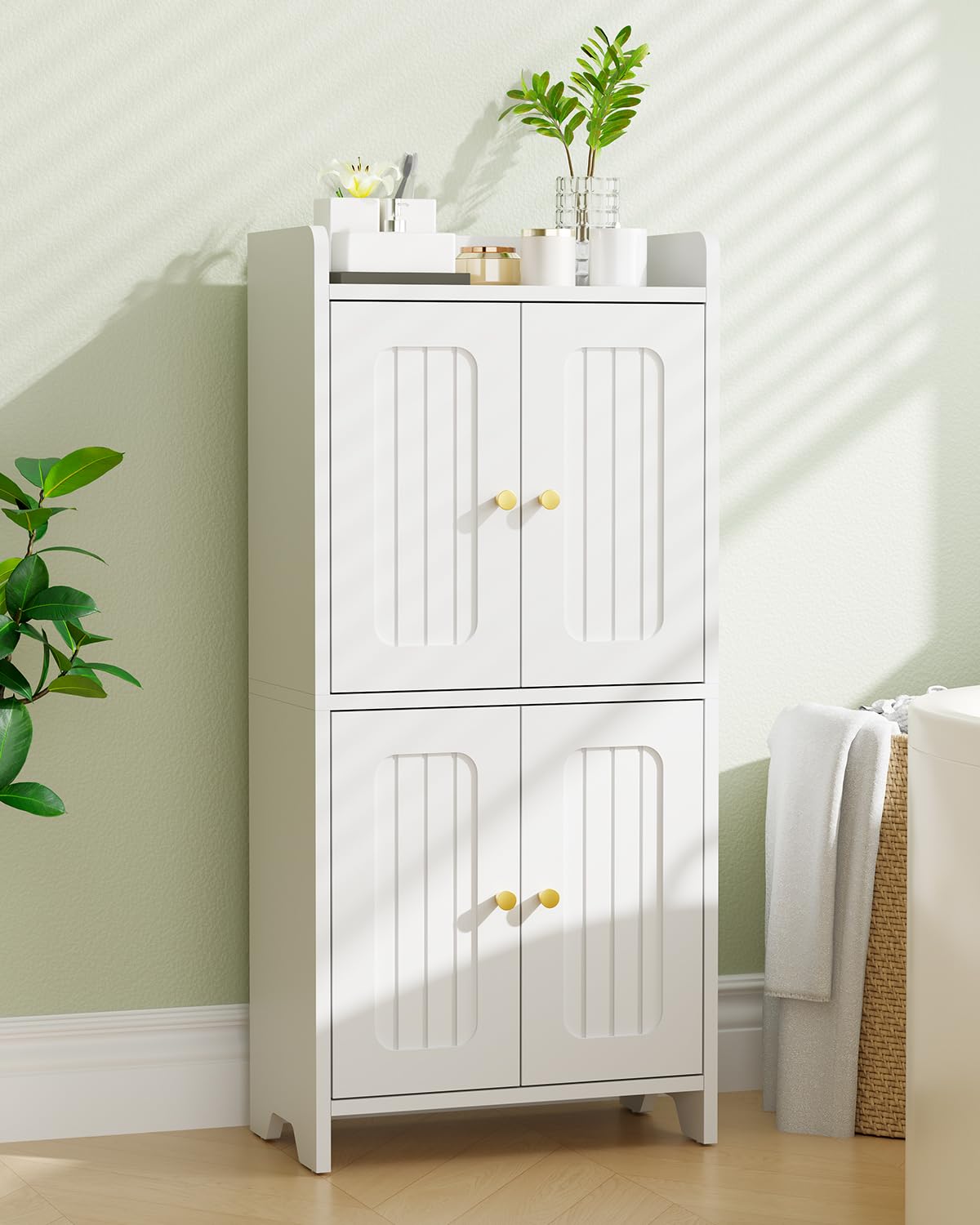 BEWISHOME Small Floor Cabinet, Toilet Paper Storage, Bathroom Storage Cabinet with 4 Doors and Shelves, Bathroom Organizers and Storage for Small Spaces, White 7.9" D x 14.6" W x 31" H YYG11W