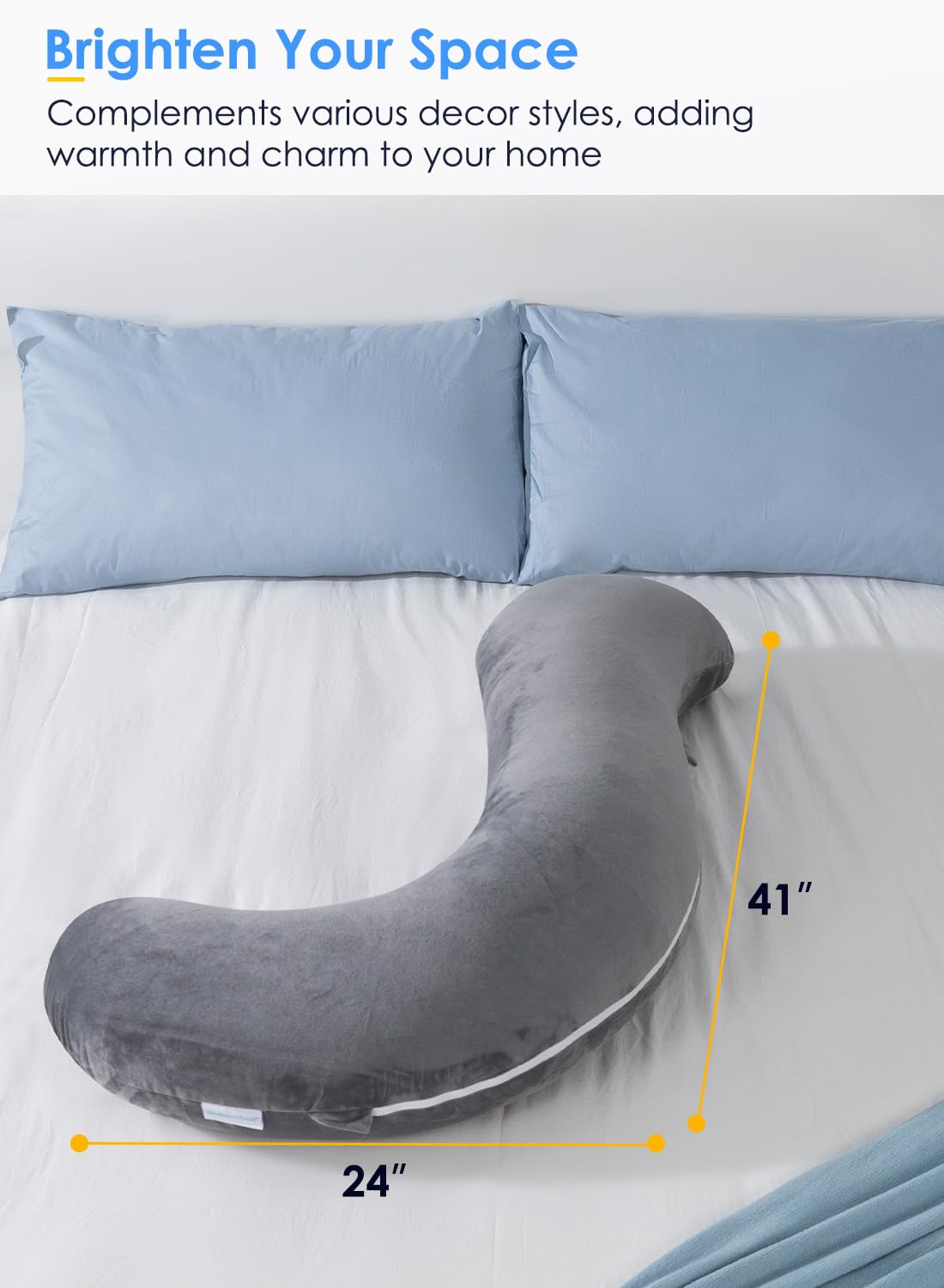QUEEN ROSE Body Pillow for Side Sleepers, Soft Comfort S Shaped Hug Pillow for Adults, Full Body Support, Velvet Grey