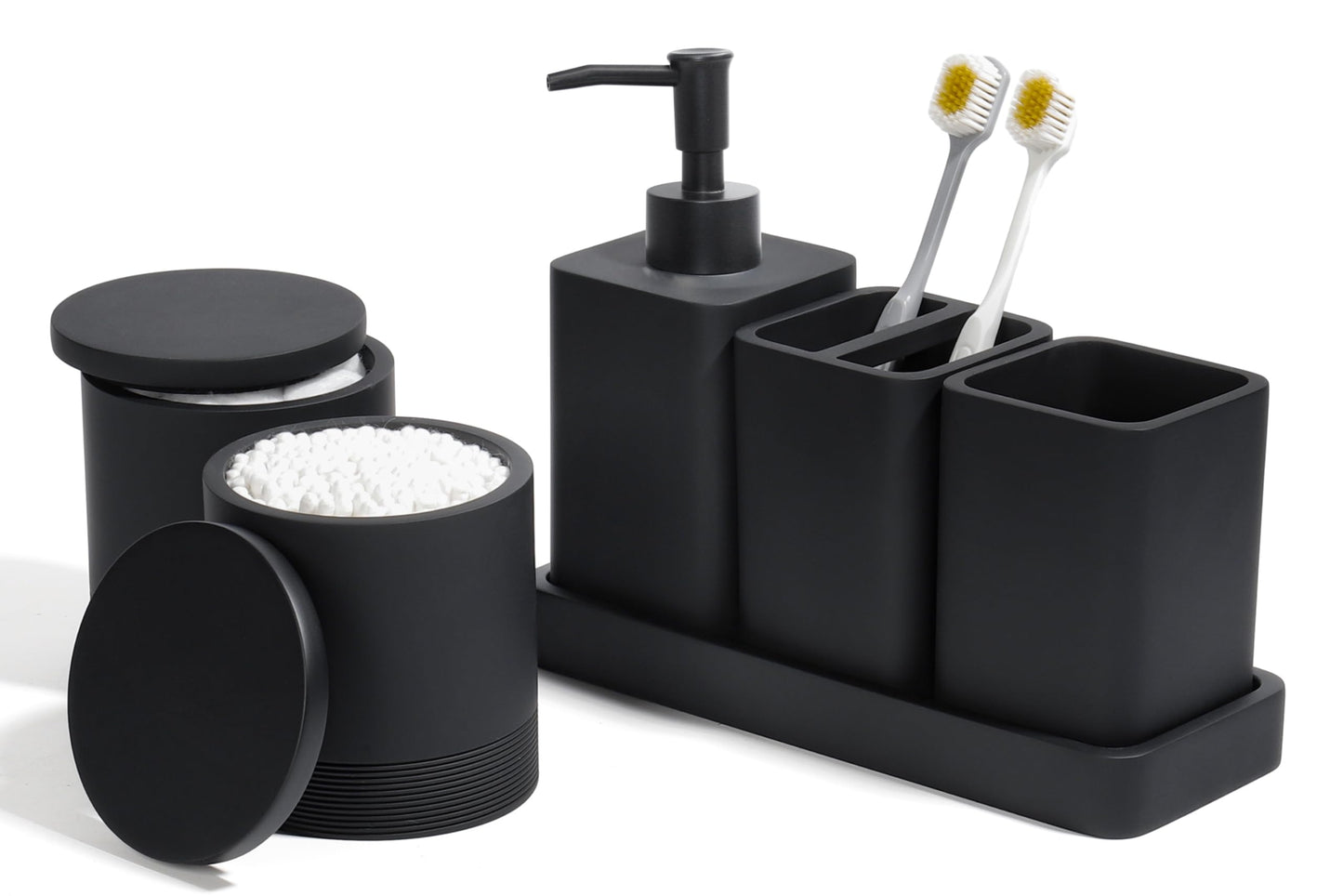 YMXYJM Bathroom Accessories Set, 6 Piece Bathroom Set with Toothbrush Holders, Soap Dispenser, Vanity Tray, Tumbler, Cotton Swab Jars, Bathroom Organizer，Bathroom Sink Sets, Matte Black
