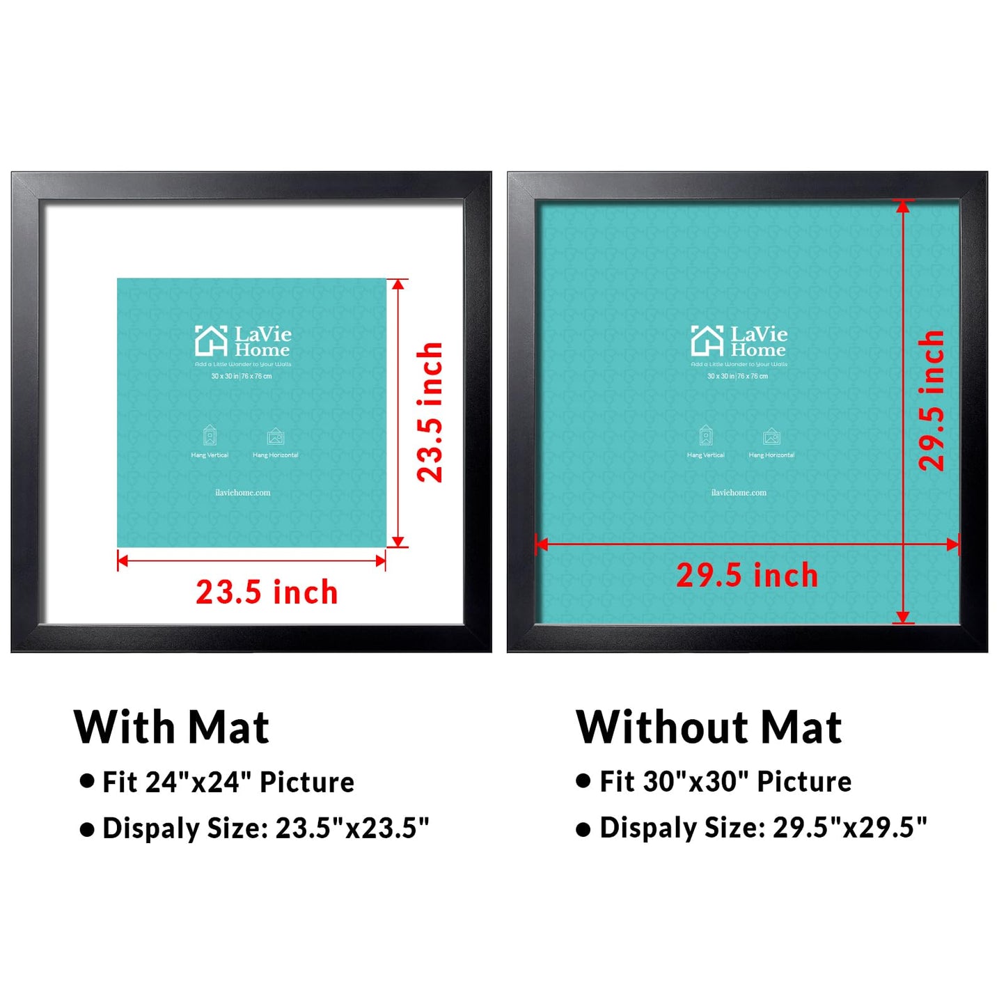 LaVie Home 30 x 30 Picture Frame Black Poster Frame, Display Pictures 24x24 with Mat or 30x30 Without Mat, Frame and Polished Plexiglass, Suitable for Photos, Artworks, Posters